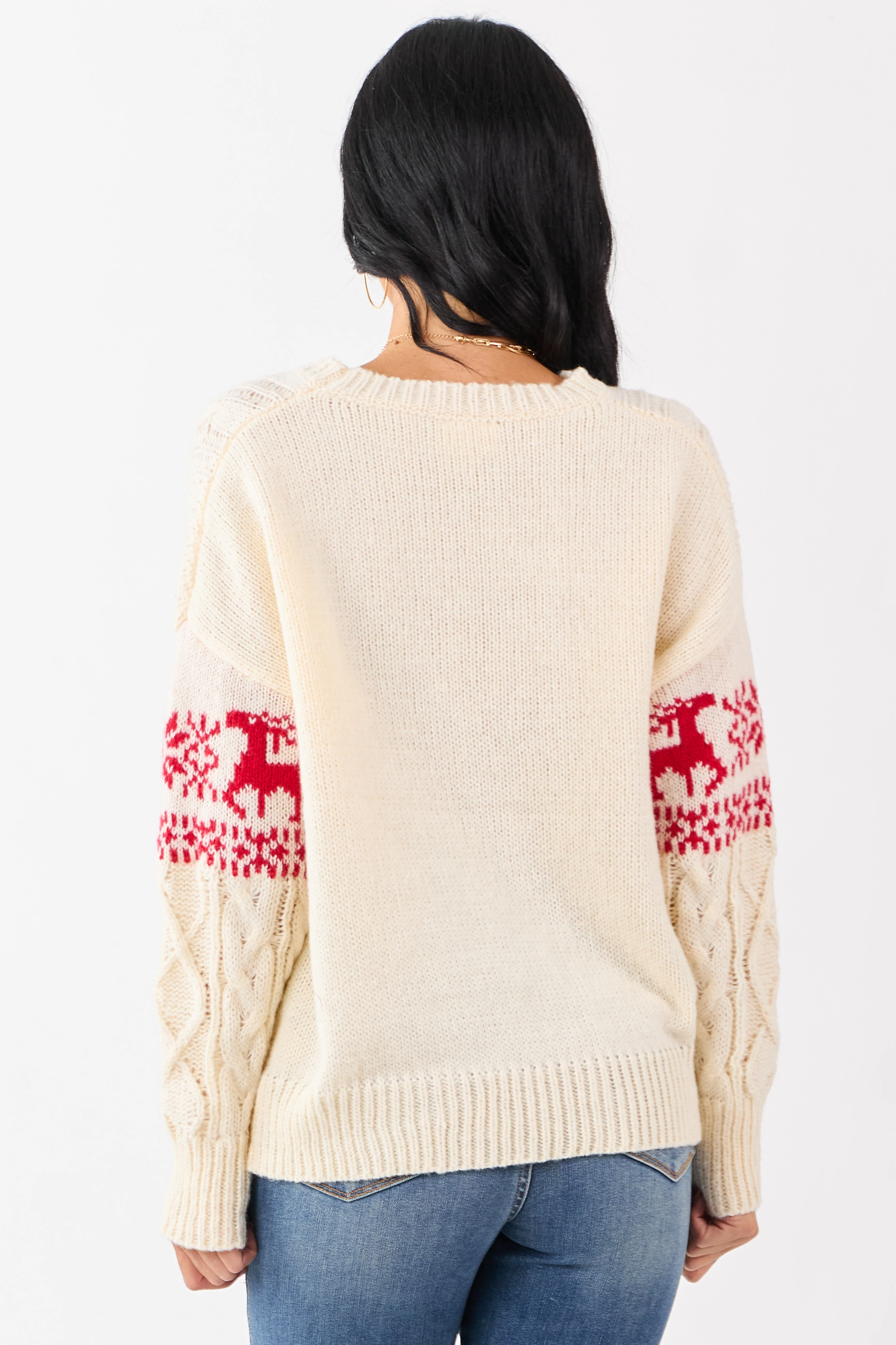 Cream Fair Isle Holiday Pattern Cable Knit Sweater - Image 5