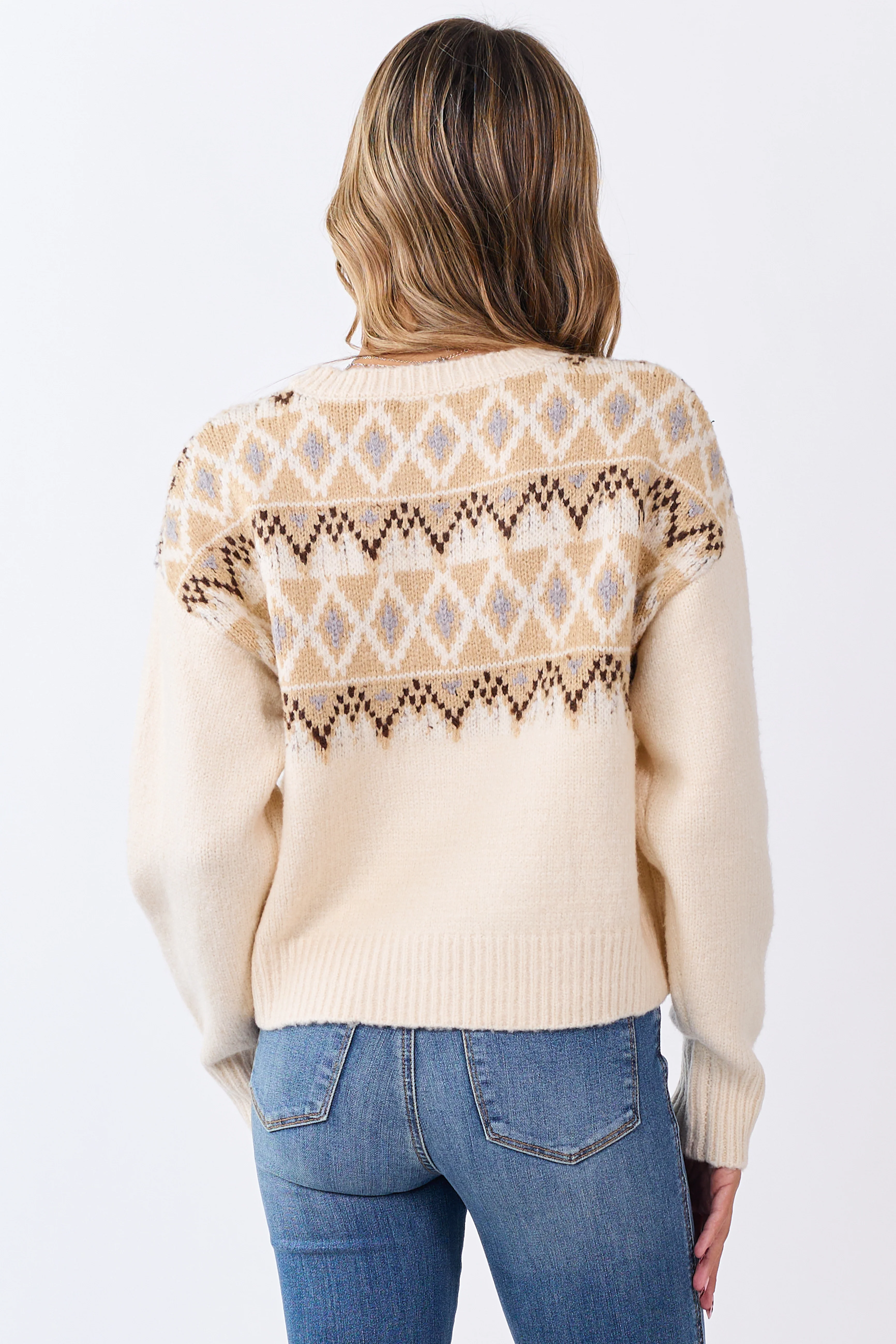 Cream Fair Isle Knit Crew Neck Long Sleeve Sweater - Image 6