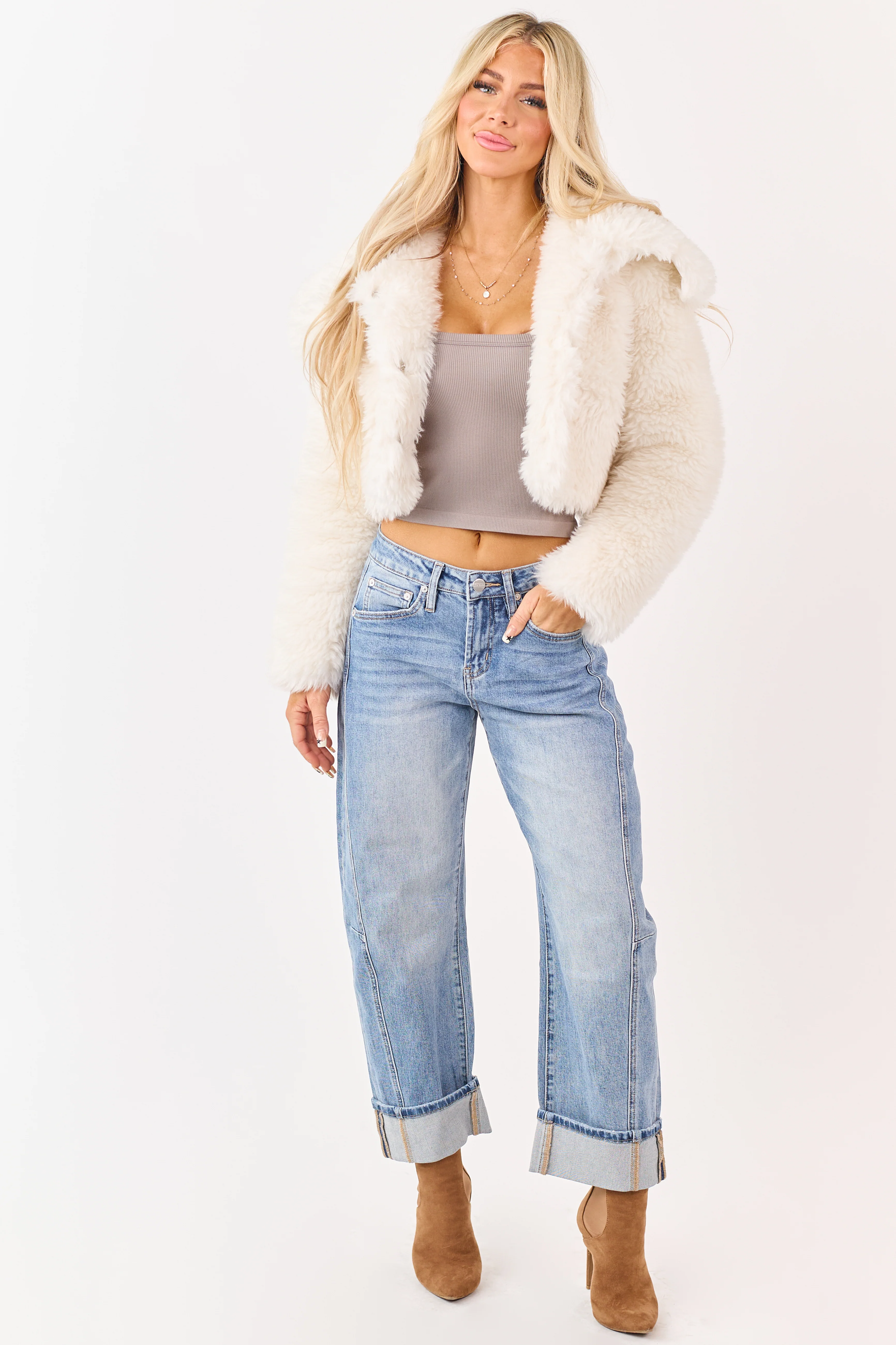 Cream Faux Fur Cropped Collared Button Down Jacket - Image 2