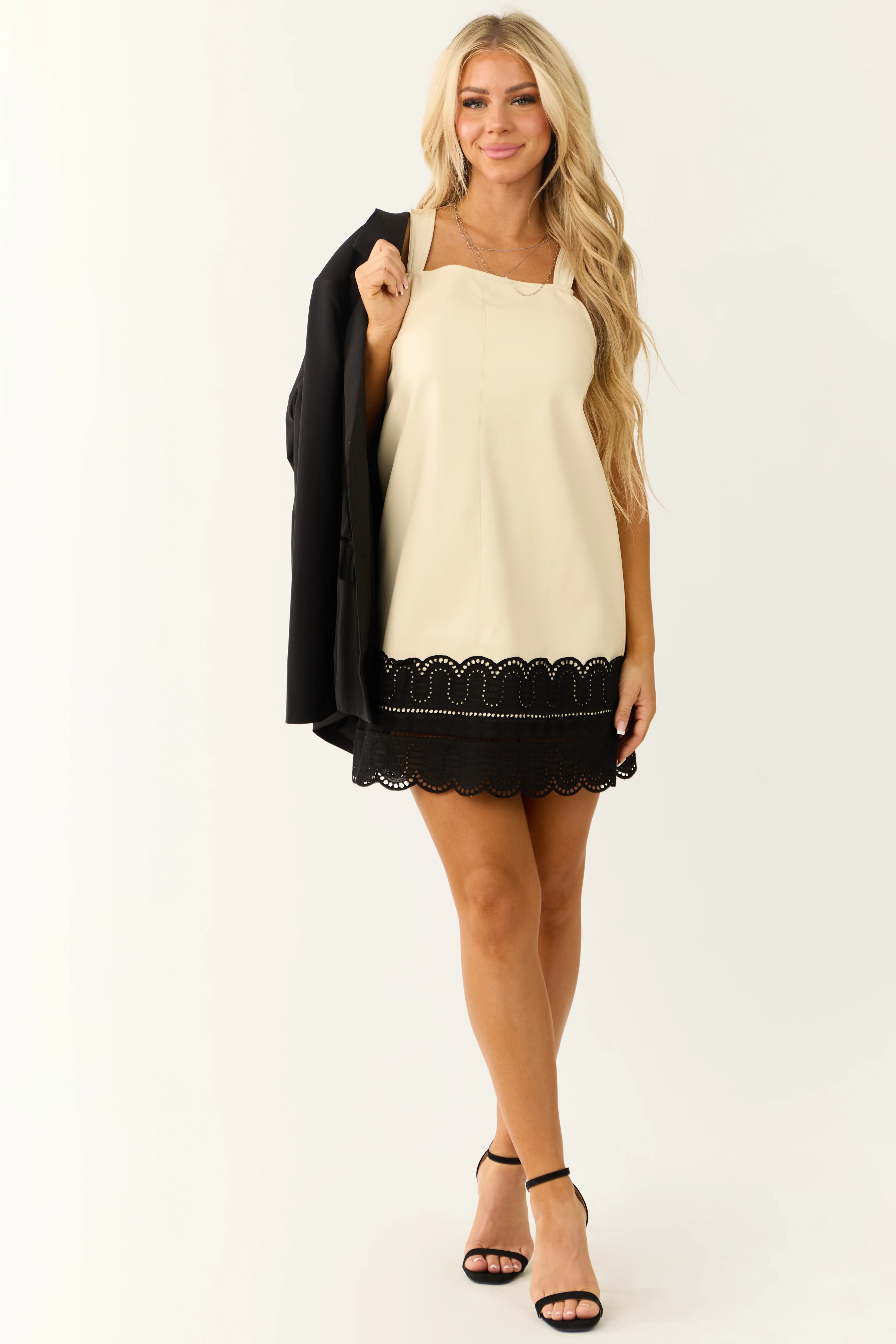 Cream Faux Leather Contrast Lace Hem Mini Dress - Image 4