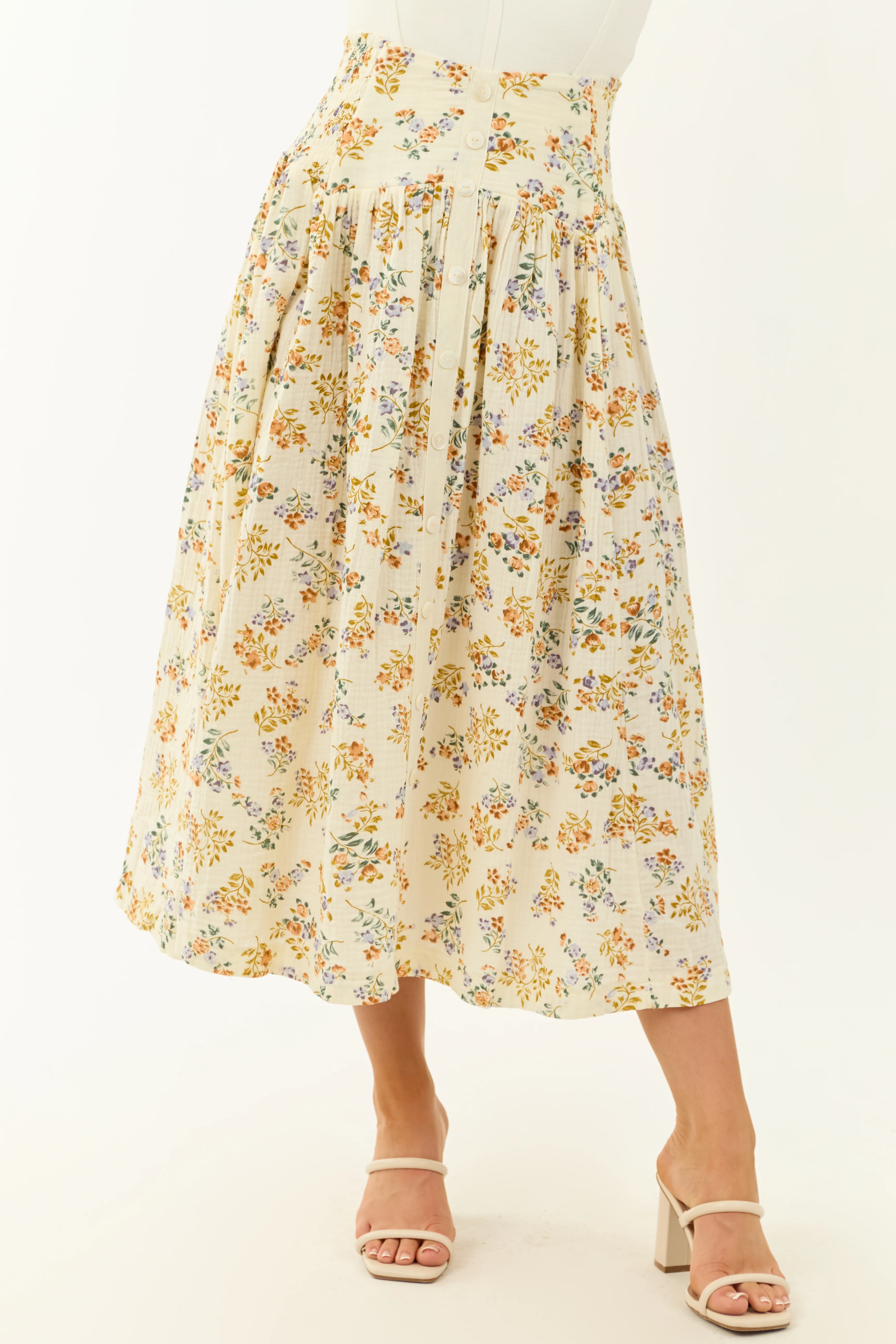 Cream Floral Cotton Gauze Button Down Maxi Skirt - Image 2