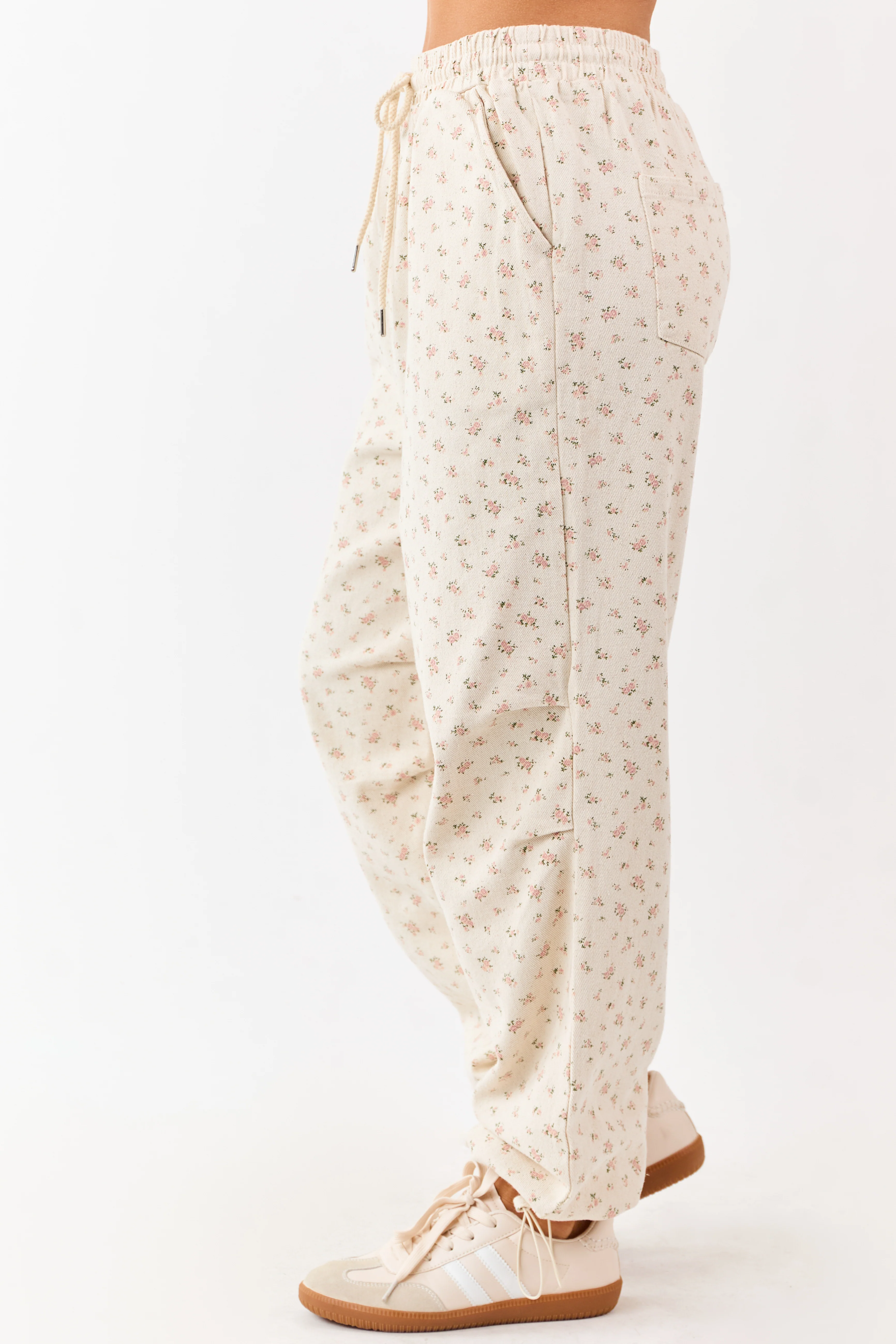 Cream Floral Drawstring Waist Denim Parachute Pants - Image 3