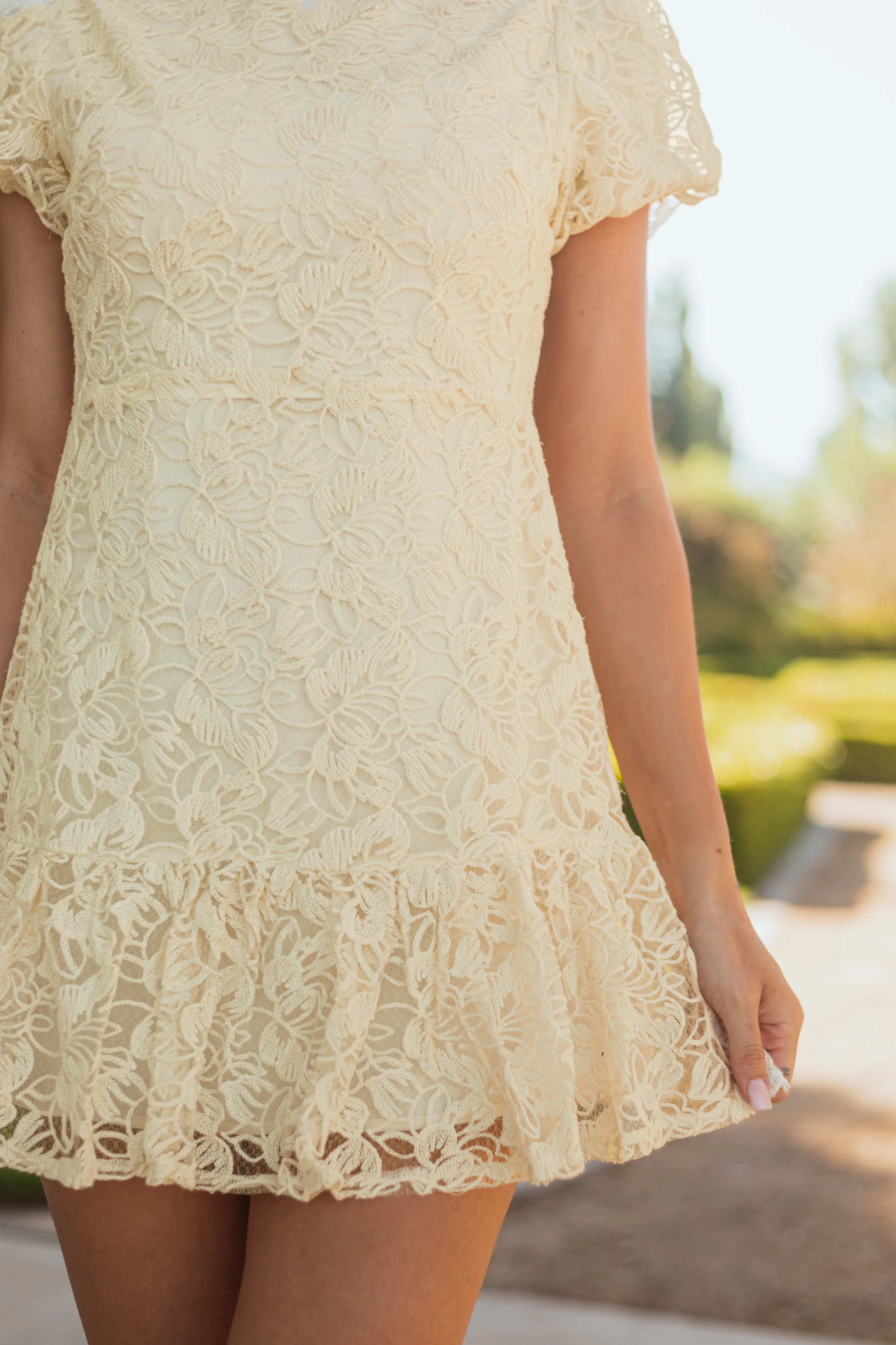 Cream Floral Lace Puff Sleeve Ruffle Hem Mini Dress - Image 2