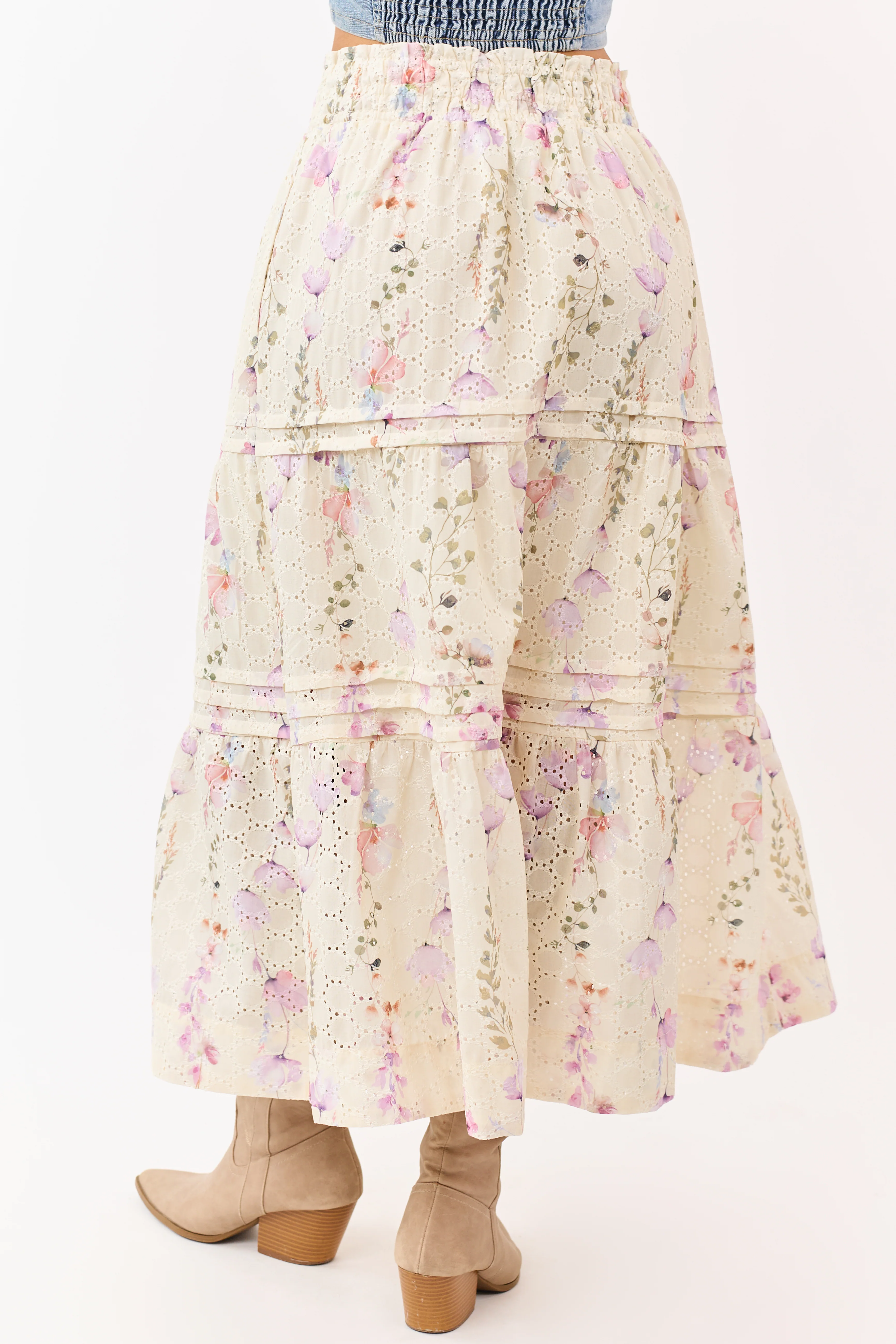 Cream Floral Print Eyelet Tiered Midi Skirt - Image 4