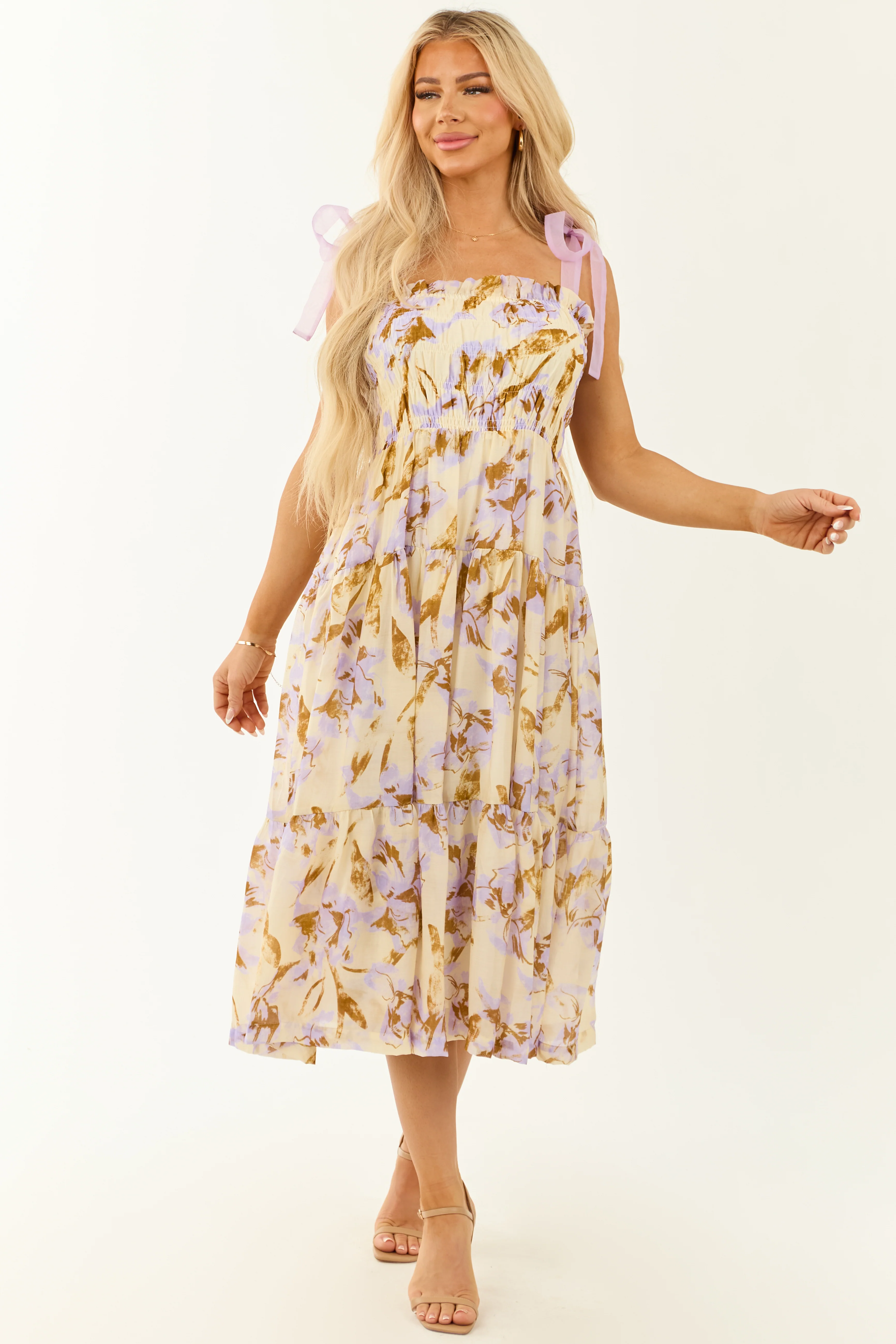 Cream Floral Print Smocked Sleeveless Midi Dress - Image 4