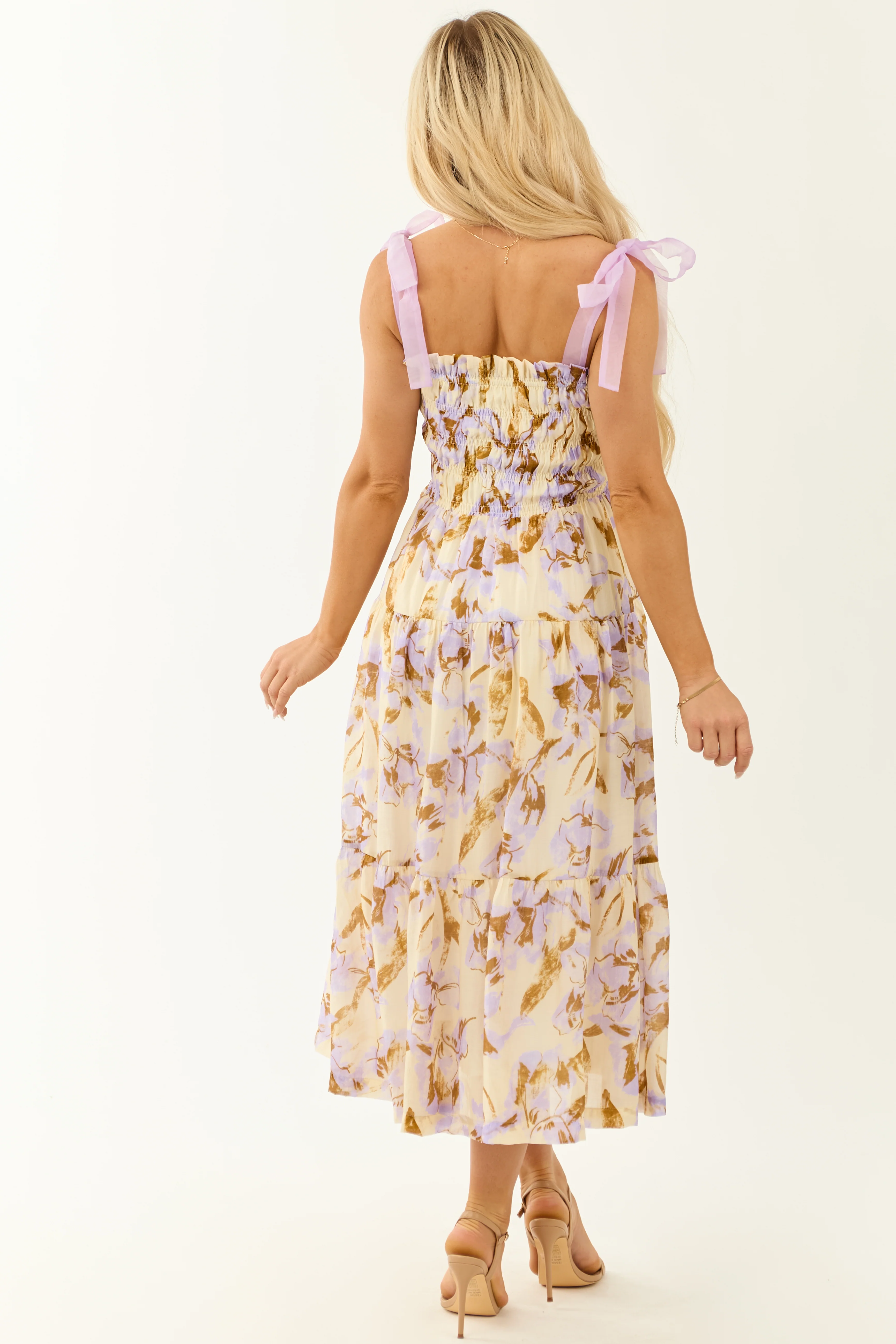 Cream Floral Print Smocked Sleeveless Midi Dress - Image 7