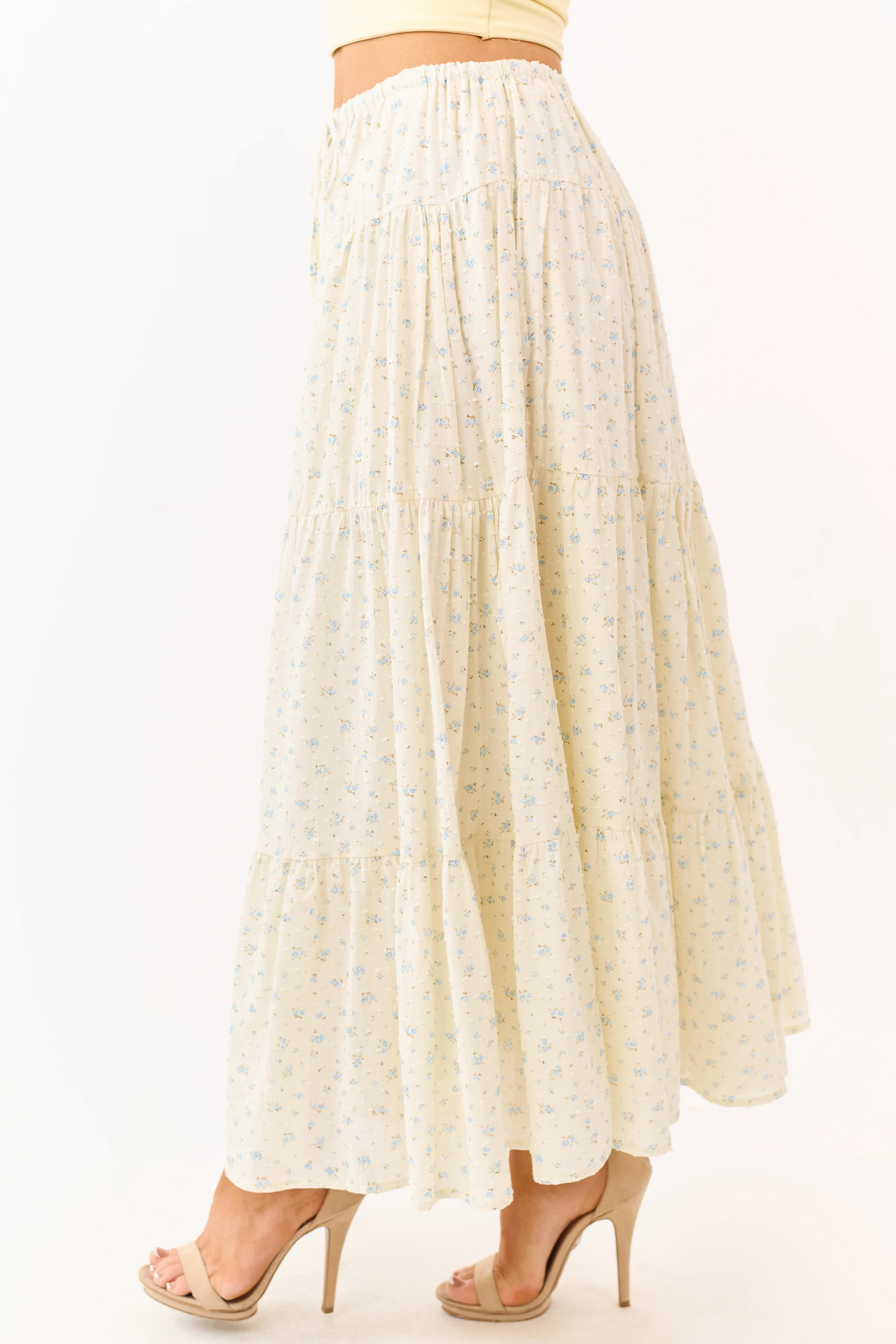 Cream Floral Print Swiss Dot Cotton Maxi Skirt - Image 3