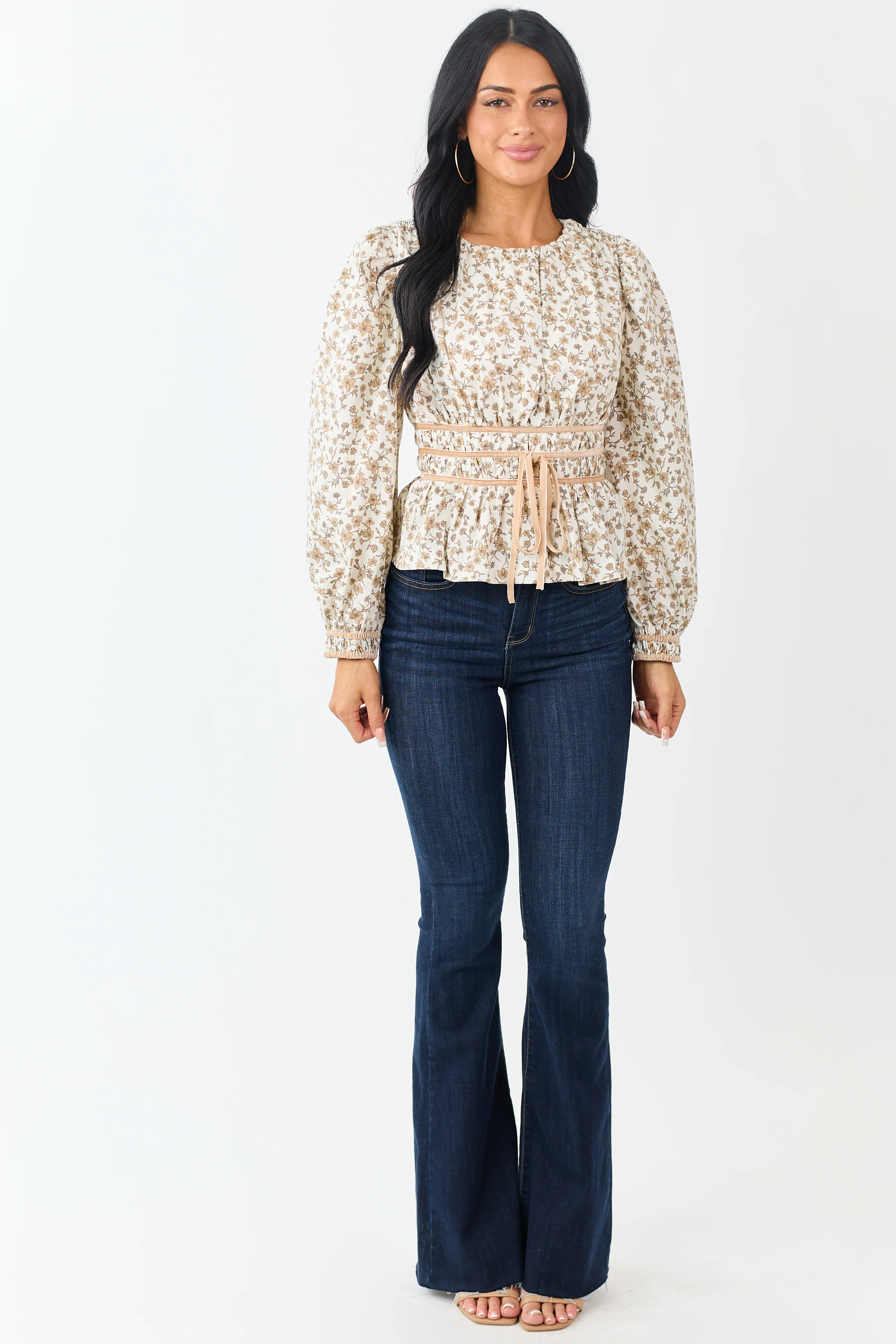 Cream Floral Smocked Waist Peplum Cotton Top - Image 2