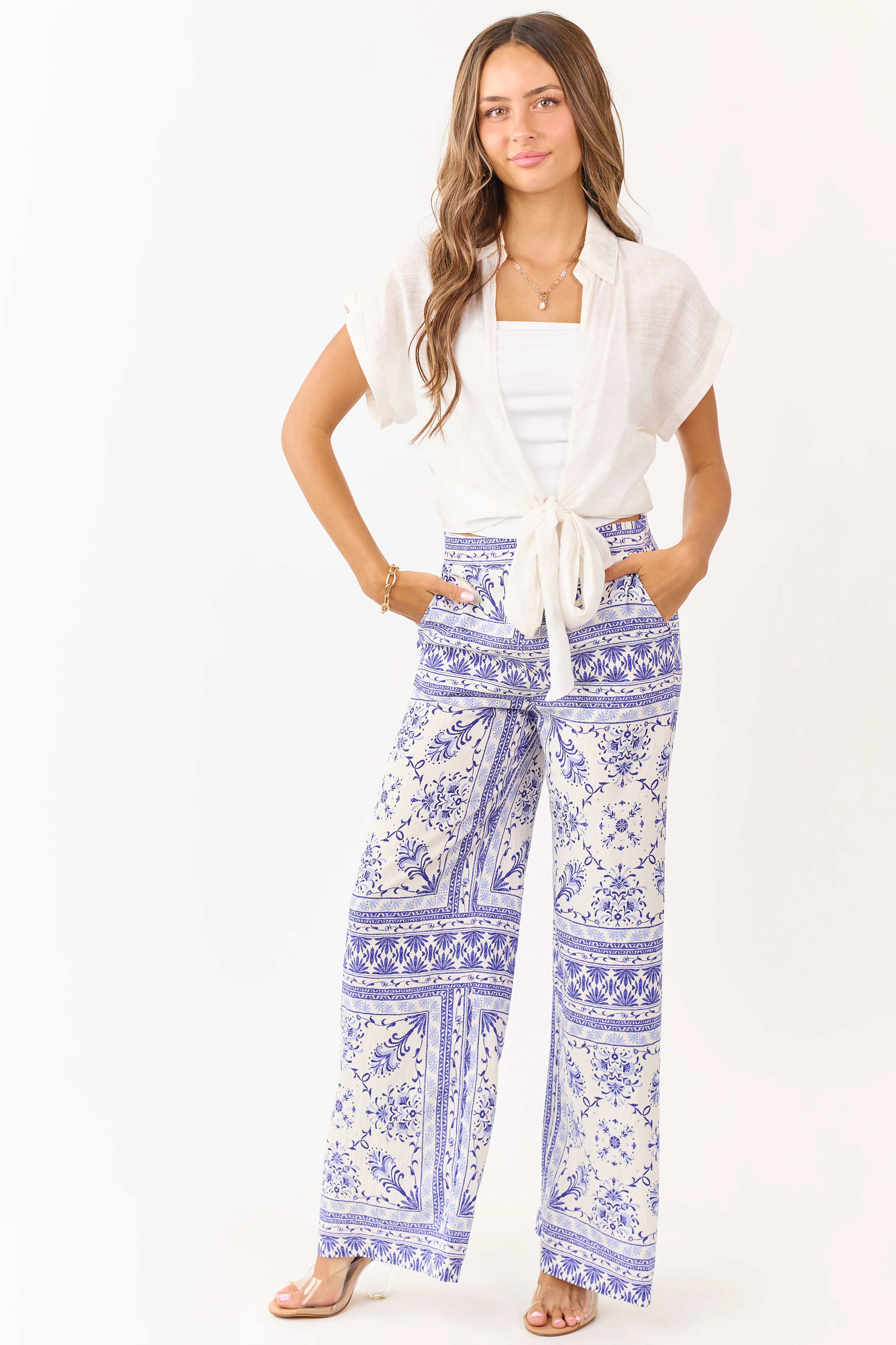 Cream Floral Tile Print Lightweight Wide Leg Pants - Image 6
