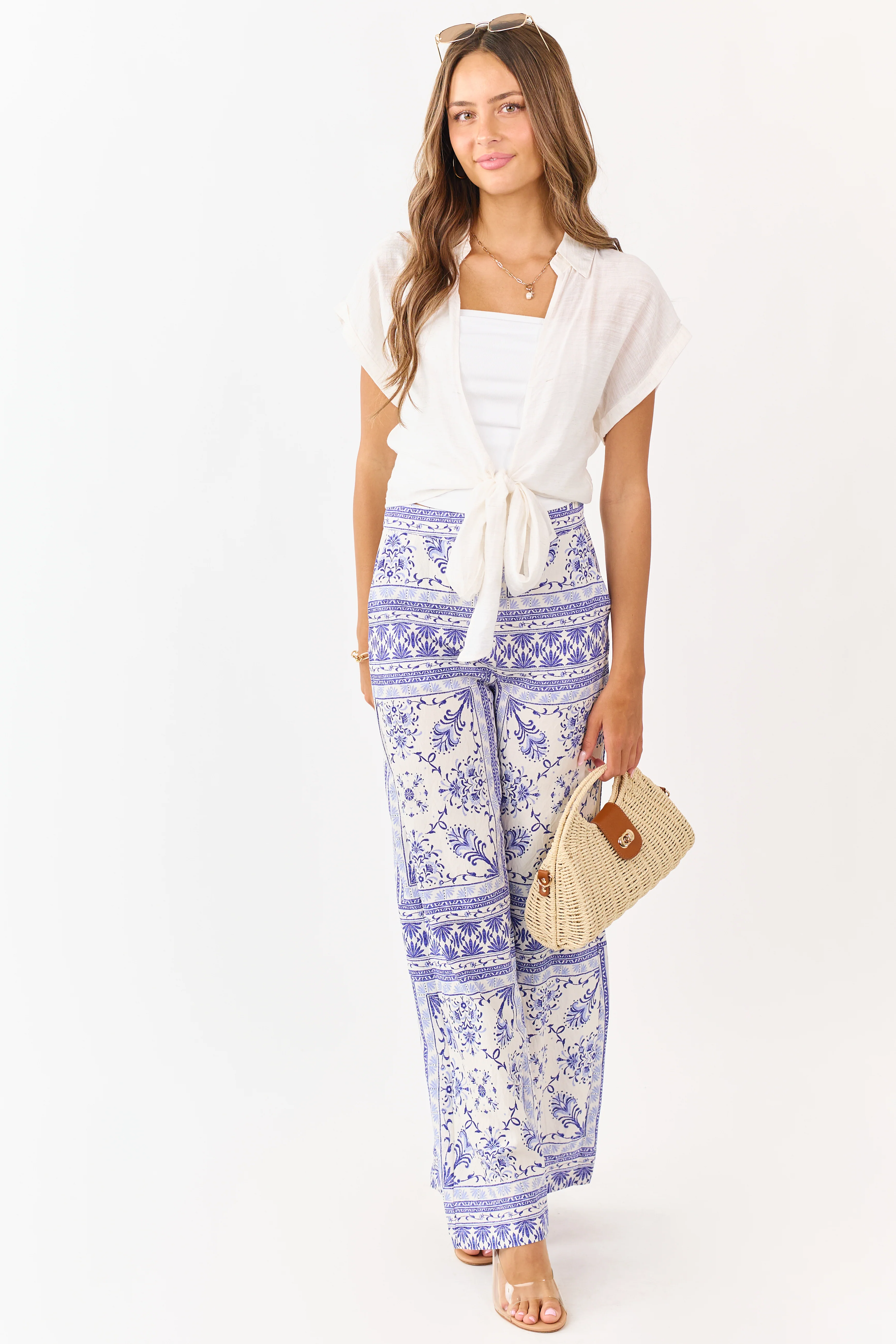 Cream Floral Tile Print Lightweight Wide Leg Pants - Image 7