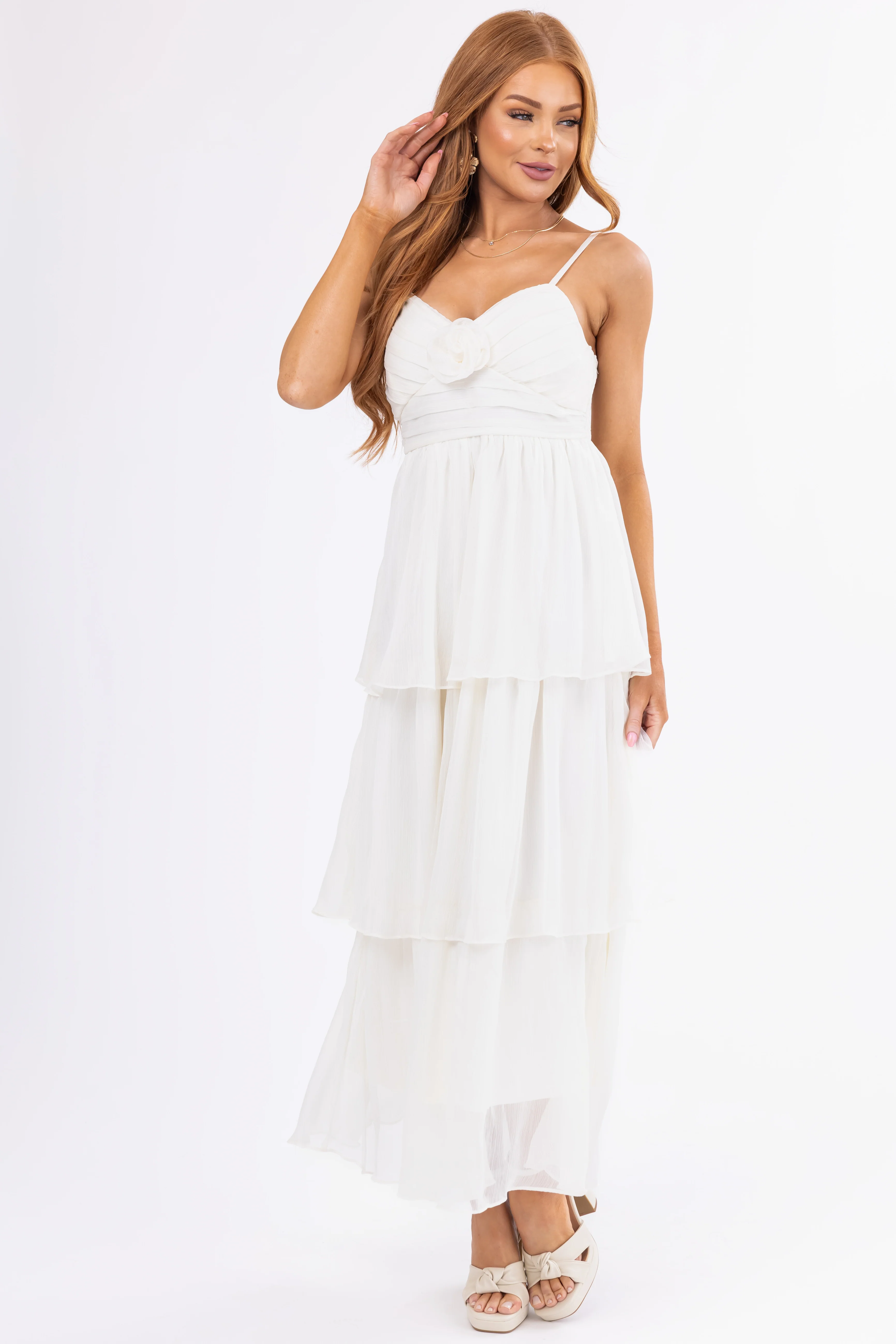 Cream Flower Detail Ruffle Tiered Chiffon Dress - Image 3