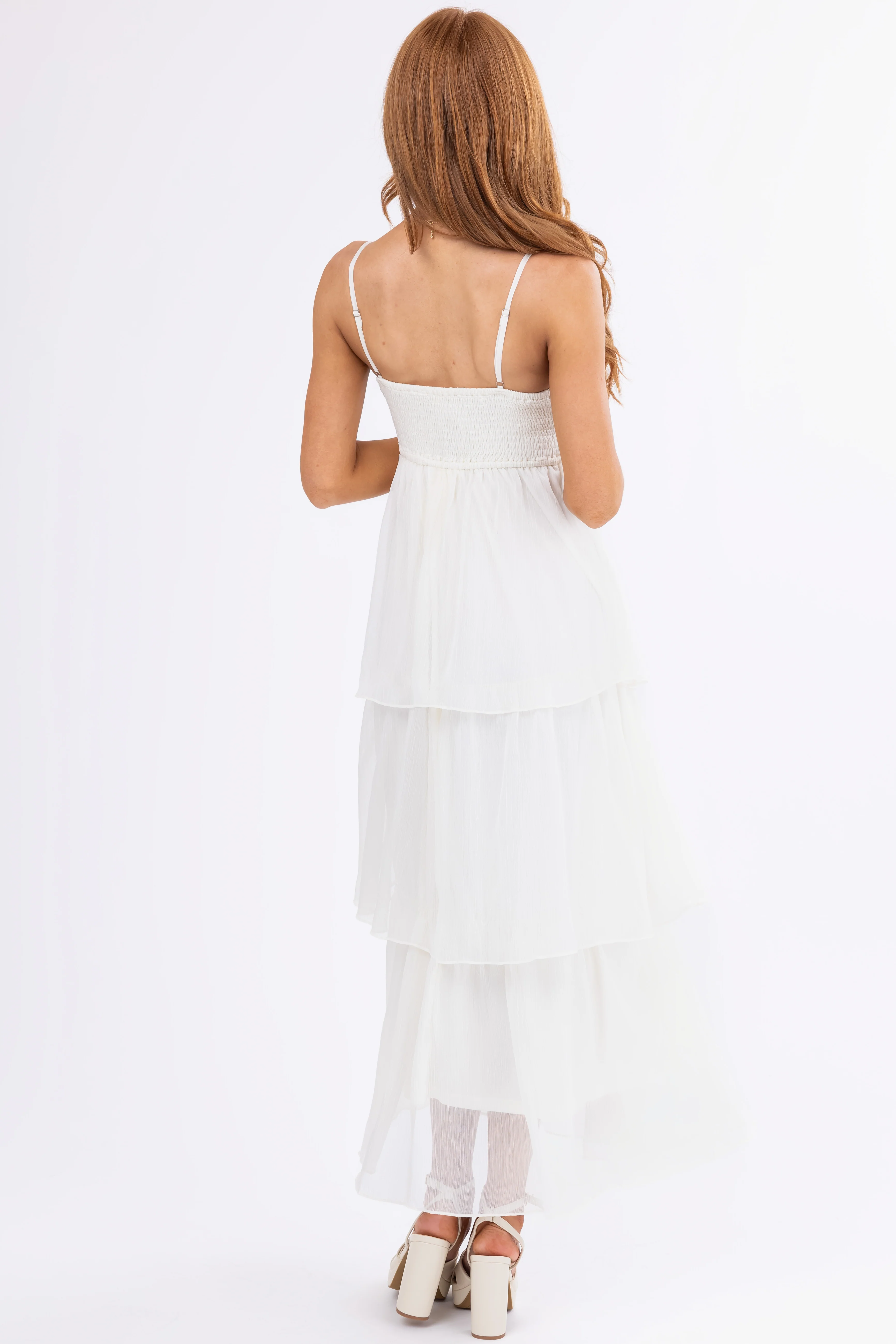 Cream Flower Detail Ruffle Tiered Chiffon Dress - Image 6