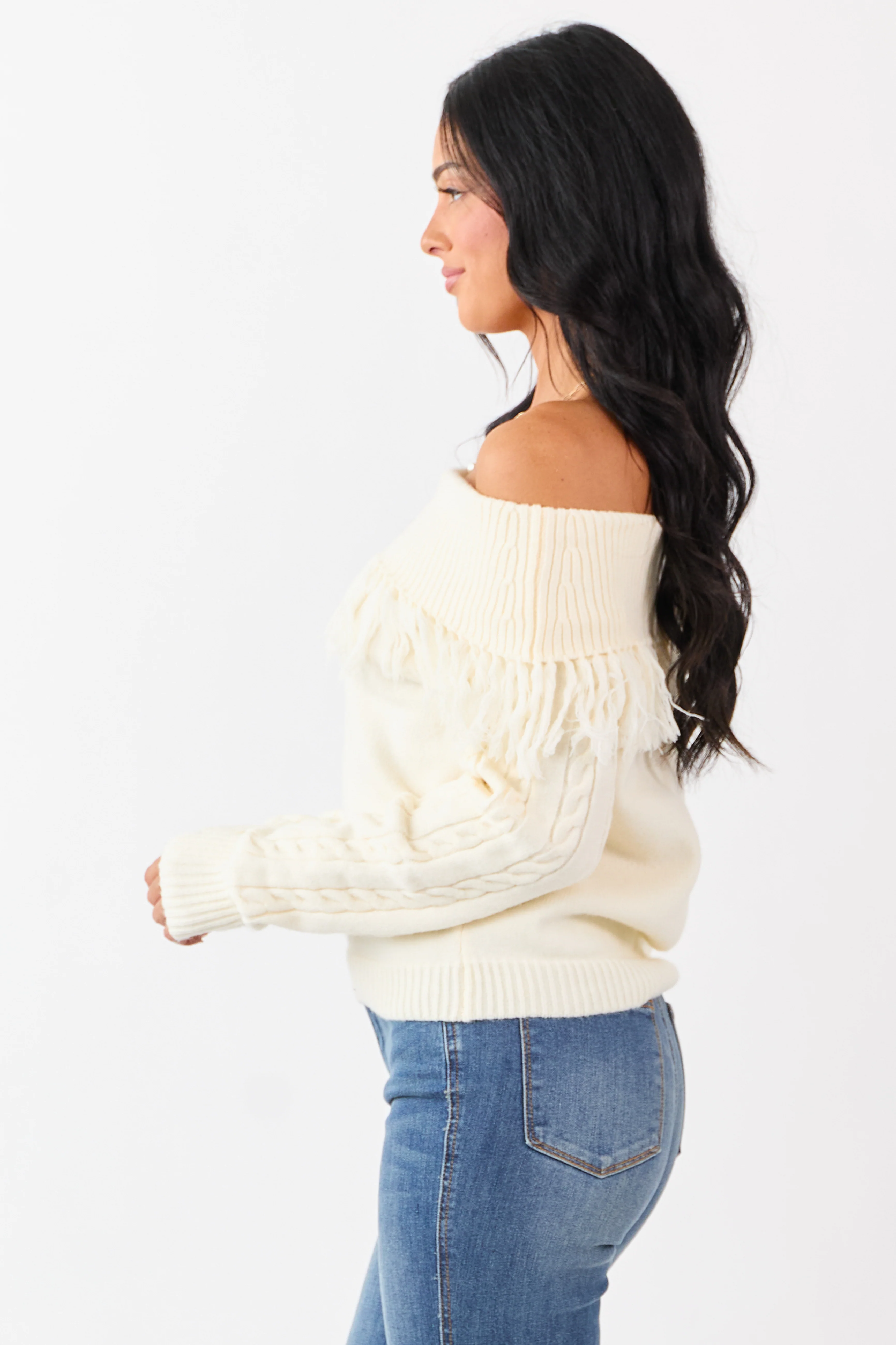 Cream Fold Over Fringe Neckline Off Shoulder Sweater - Image 4