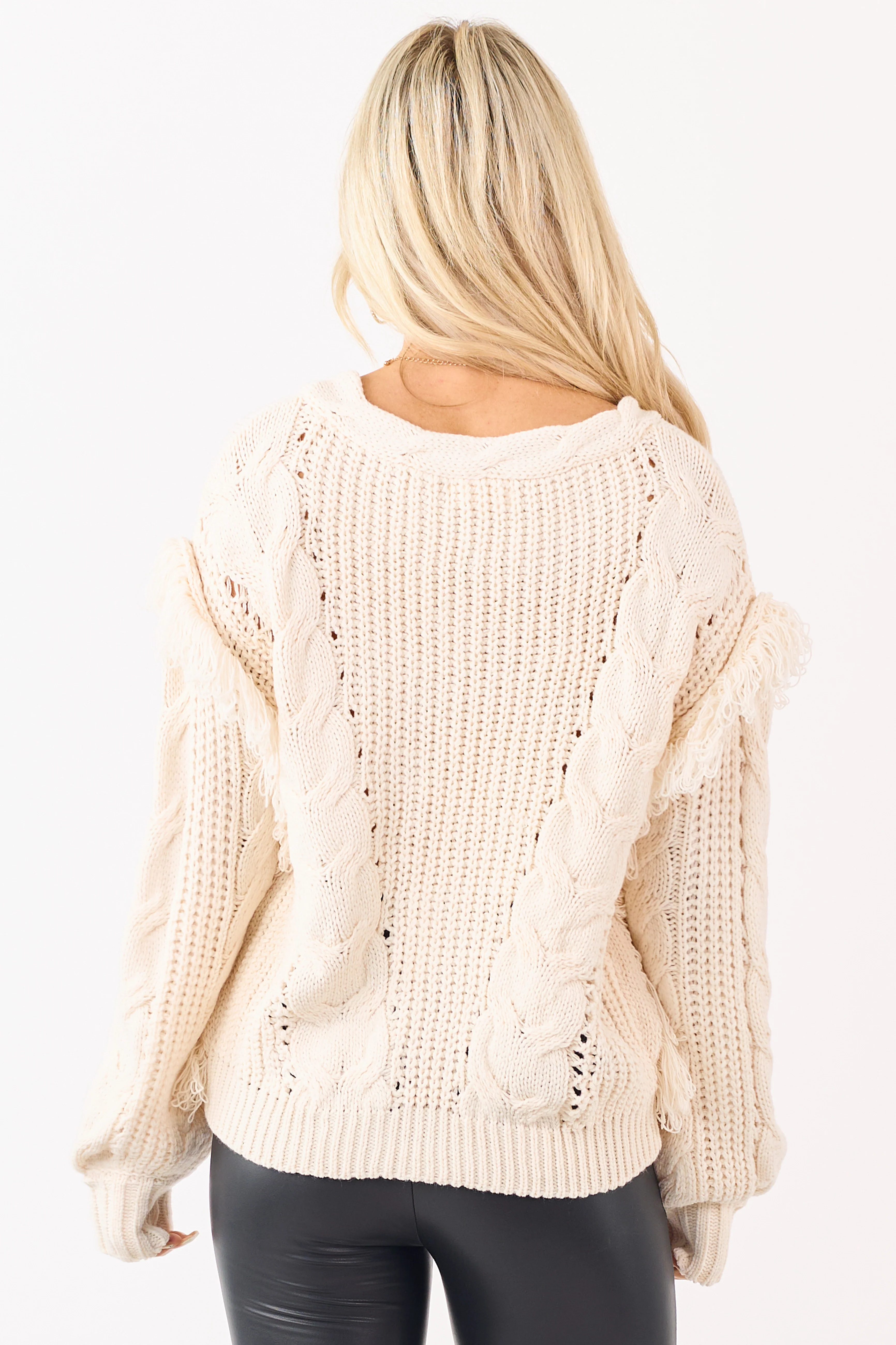 Cream Fringe Sleeve Cable Knit Pointelle Sweater - Image 7