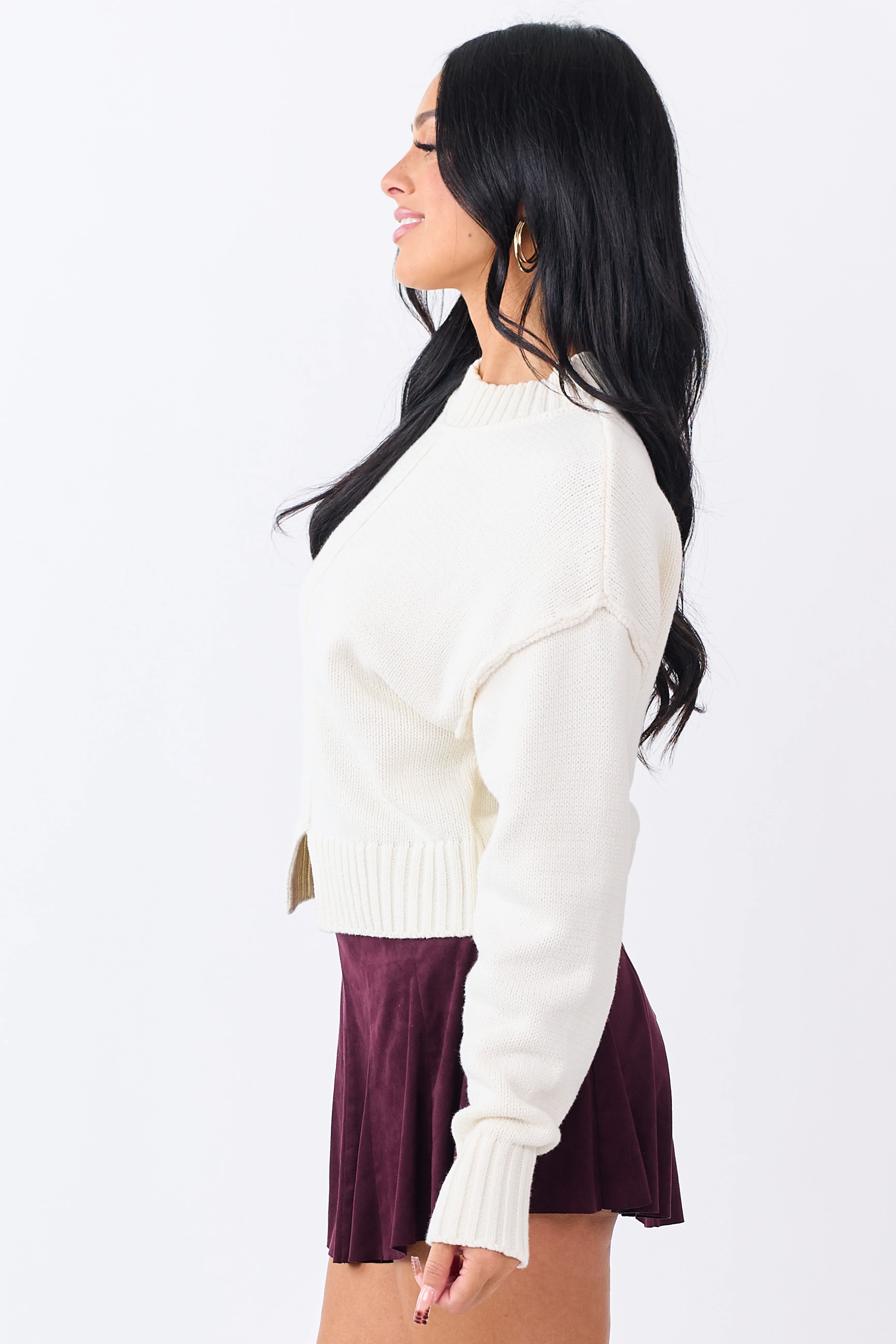 Cream Front Seam Rib Knit Long Sleeve Sweater - Image 4