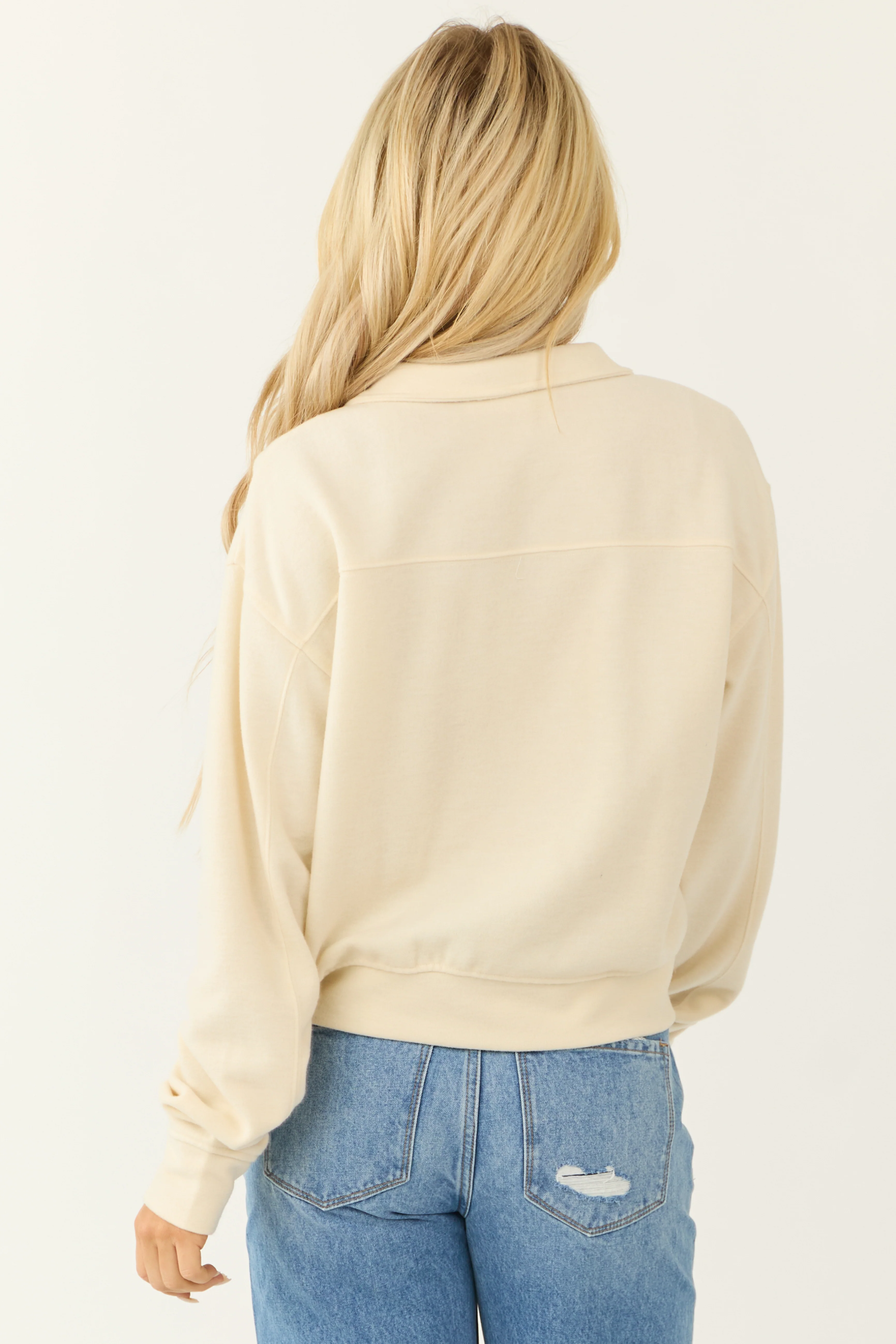 Cream Half Zip Up Knit Long Sleeve Sweatshirt - Image 5