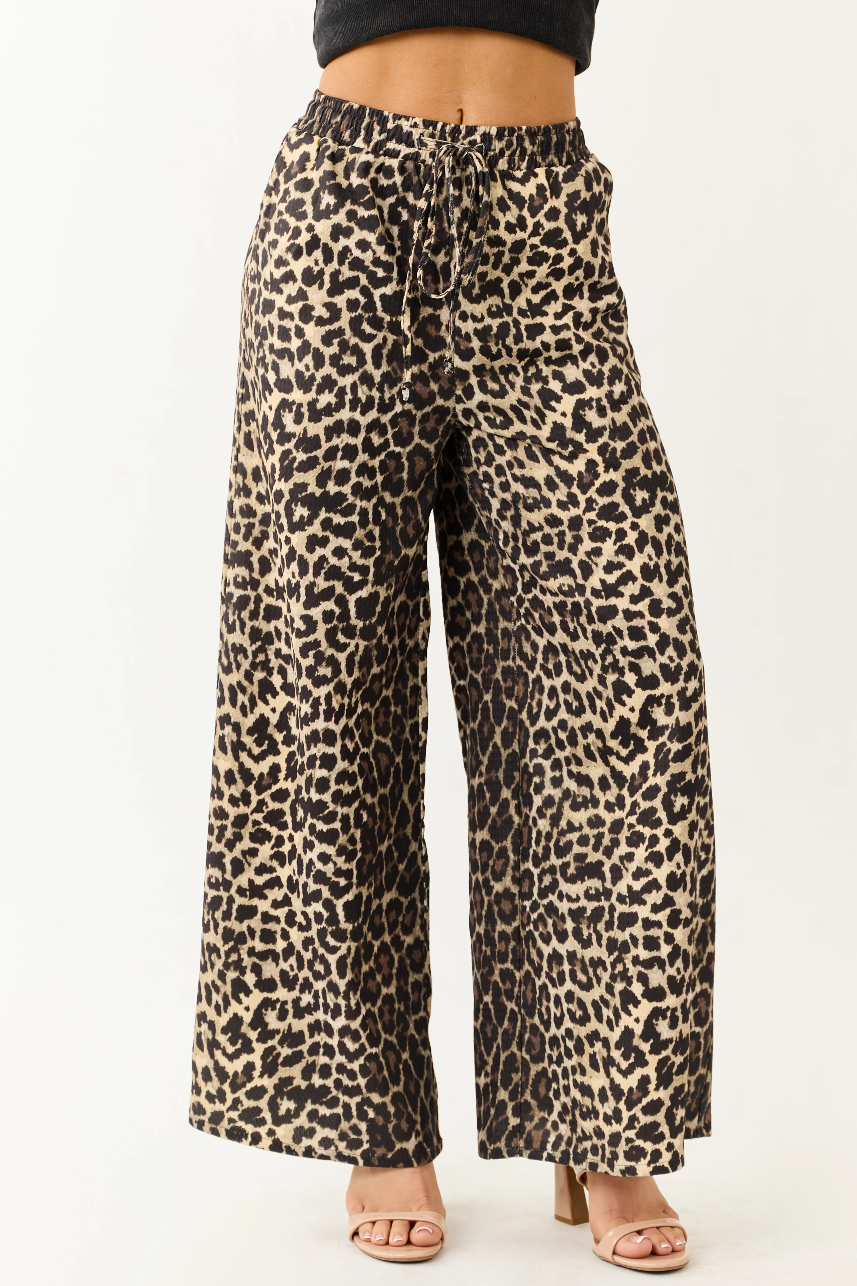Cream High Waisted Leopard Print Wide Leg Pants - Image 2