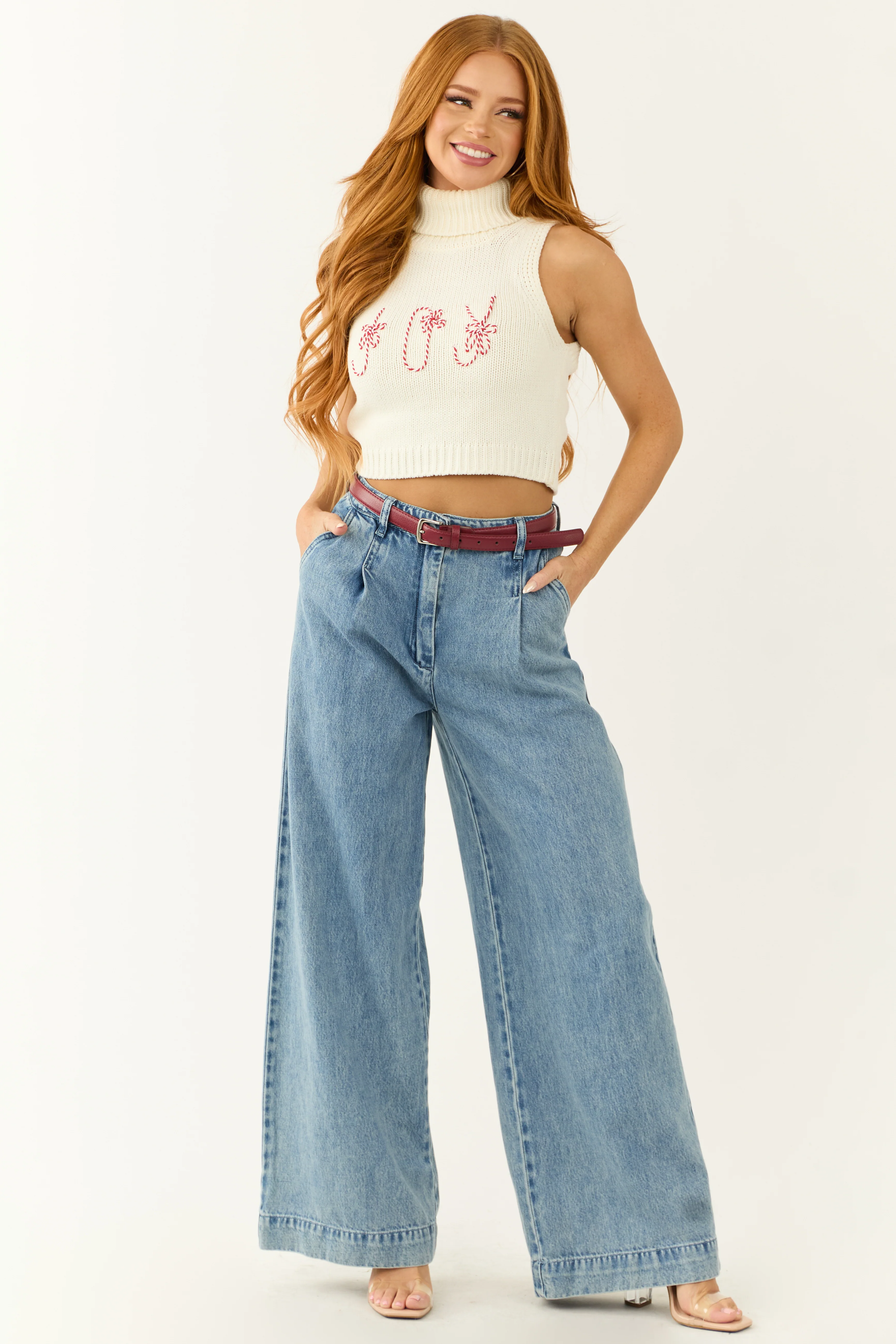 Cream 'Joy' Graphic Turtleneck Crop Tank Top - Image 6