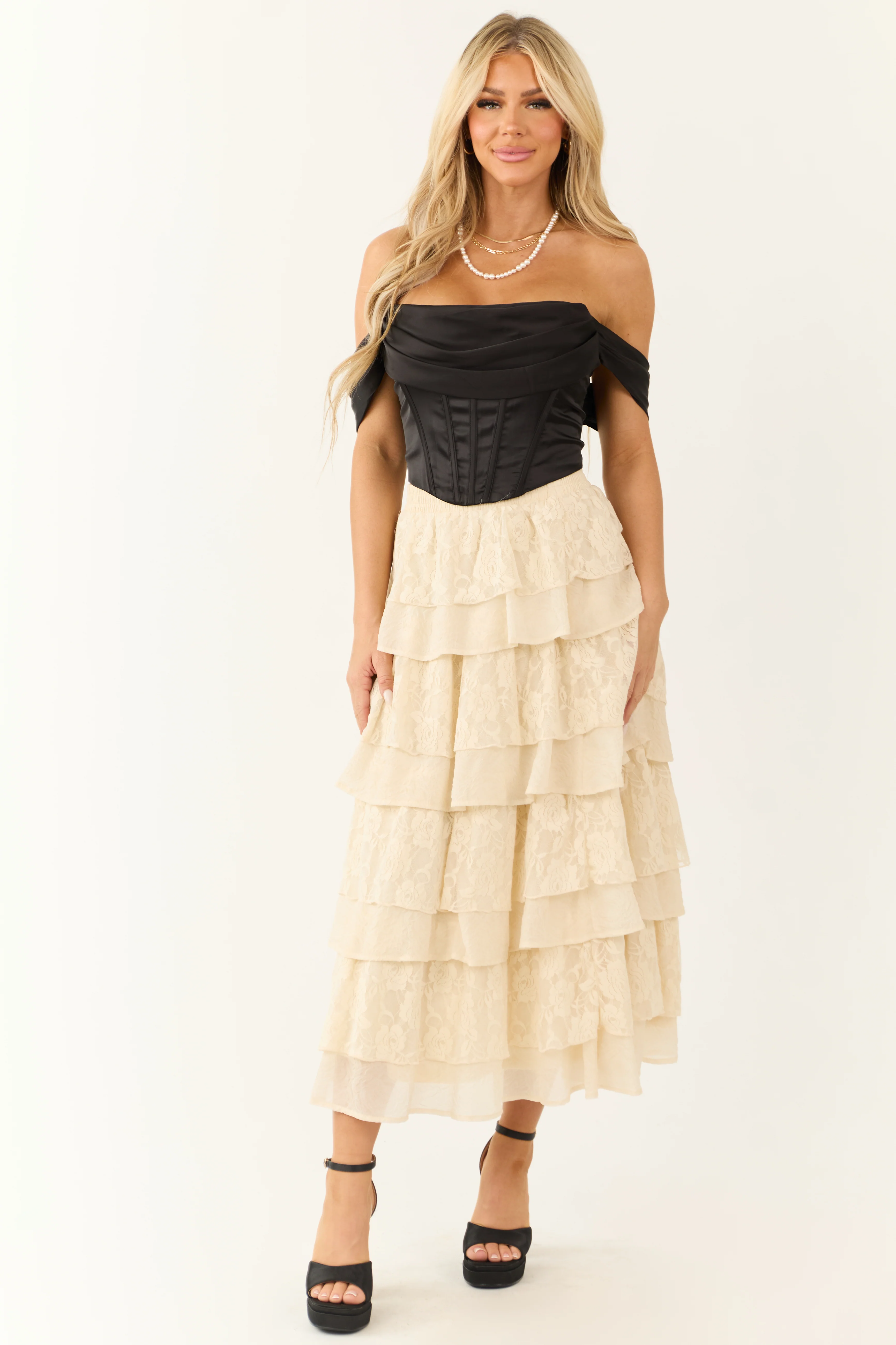 Cream Lace Ruffle Tiered Maxi Skirt - Image 5