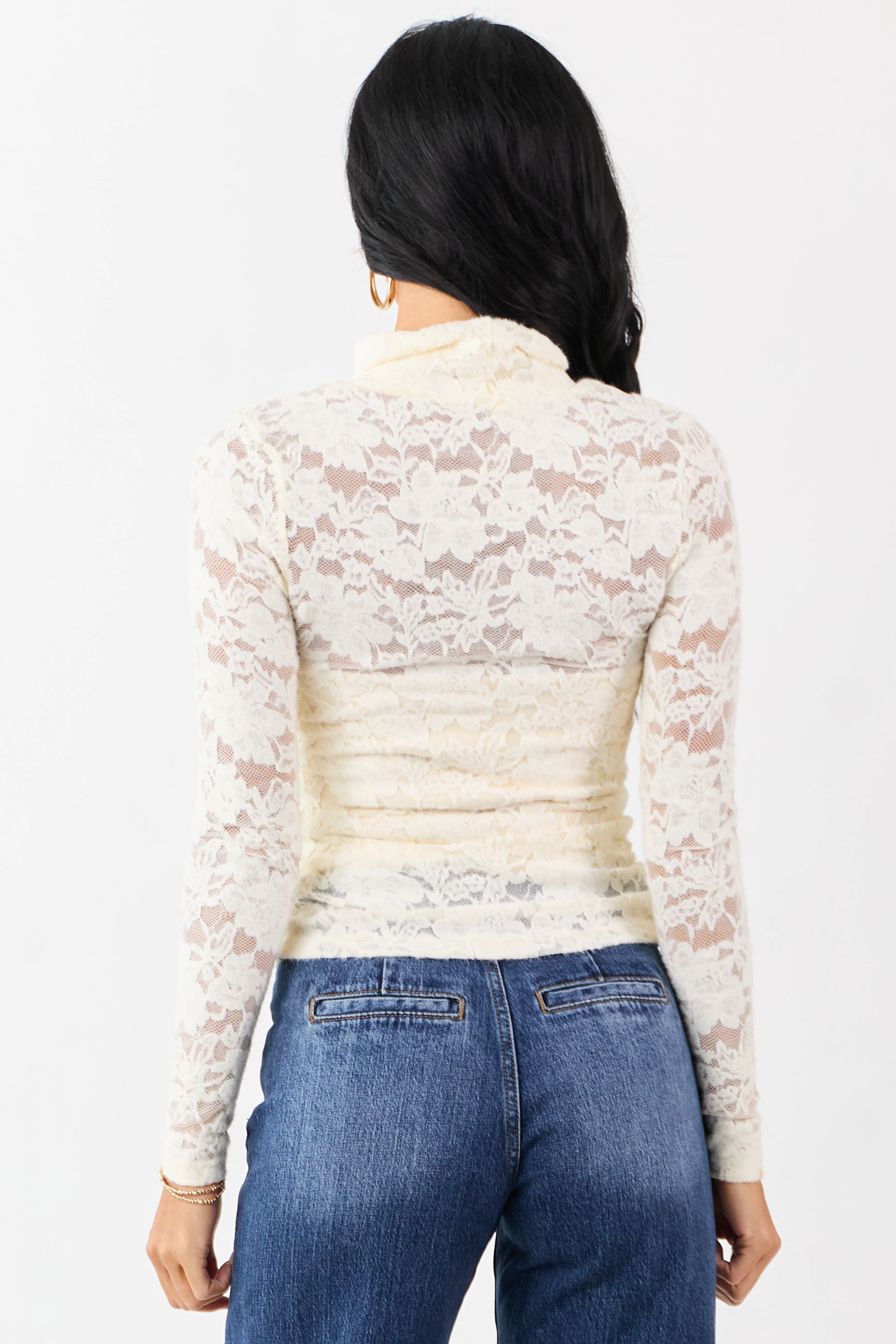 Cream Lace Turtleneck Long Sleeve Top - Image 5