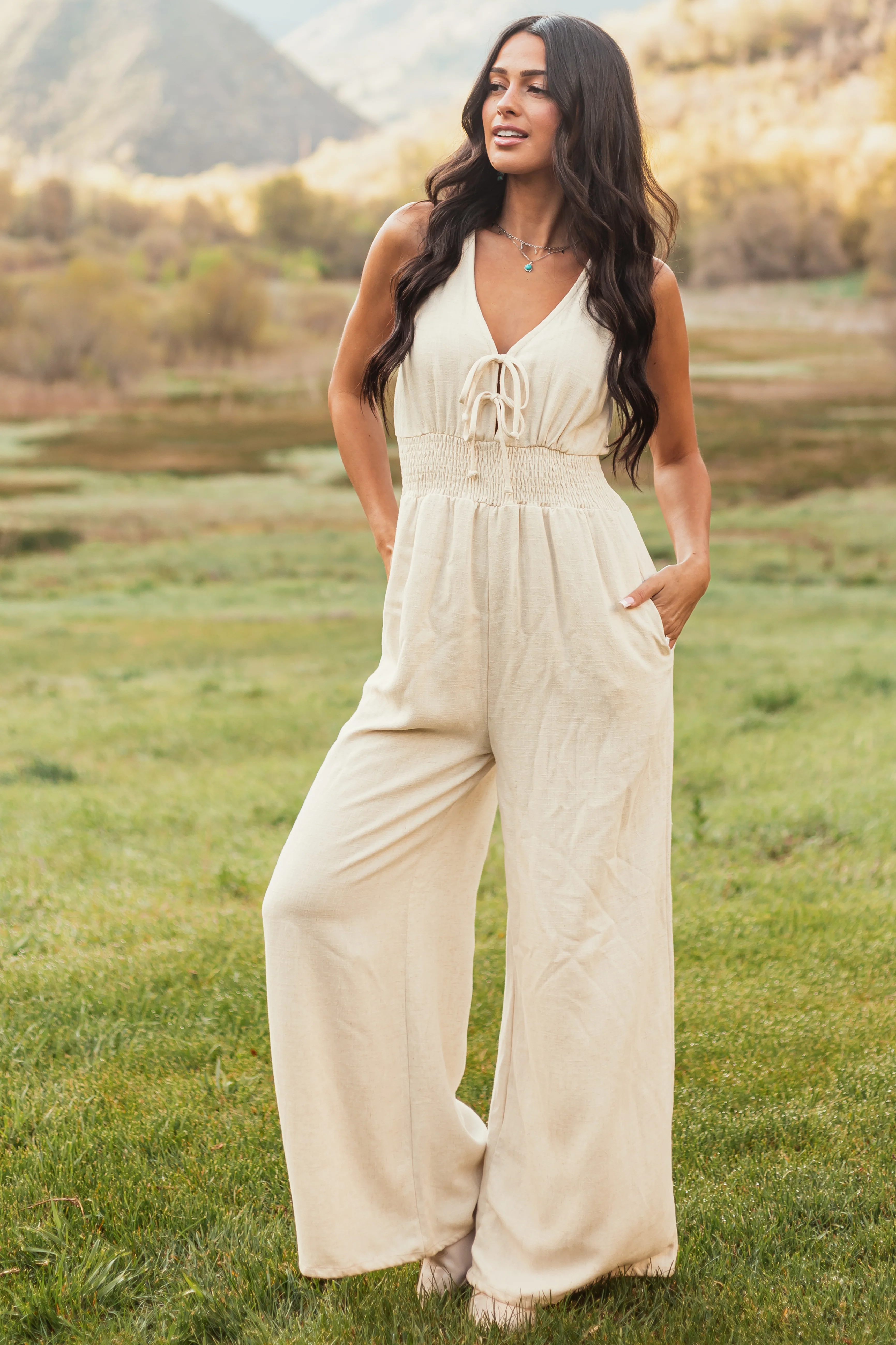Cream Linen Tie Front Smocked Wide Leg Jumpsuit