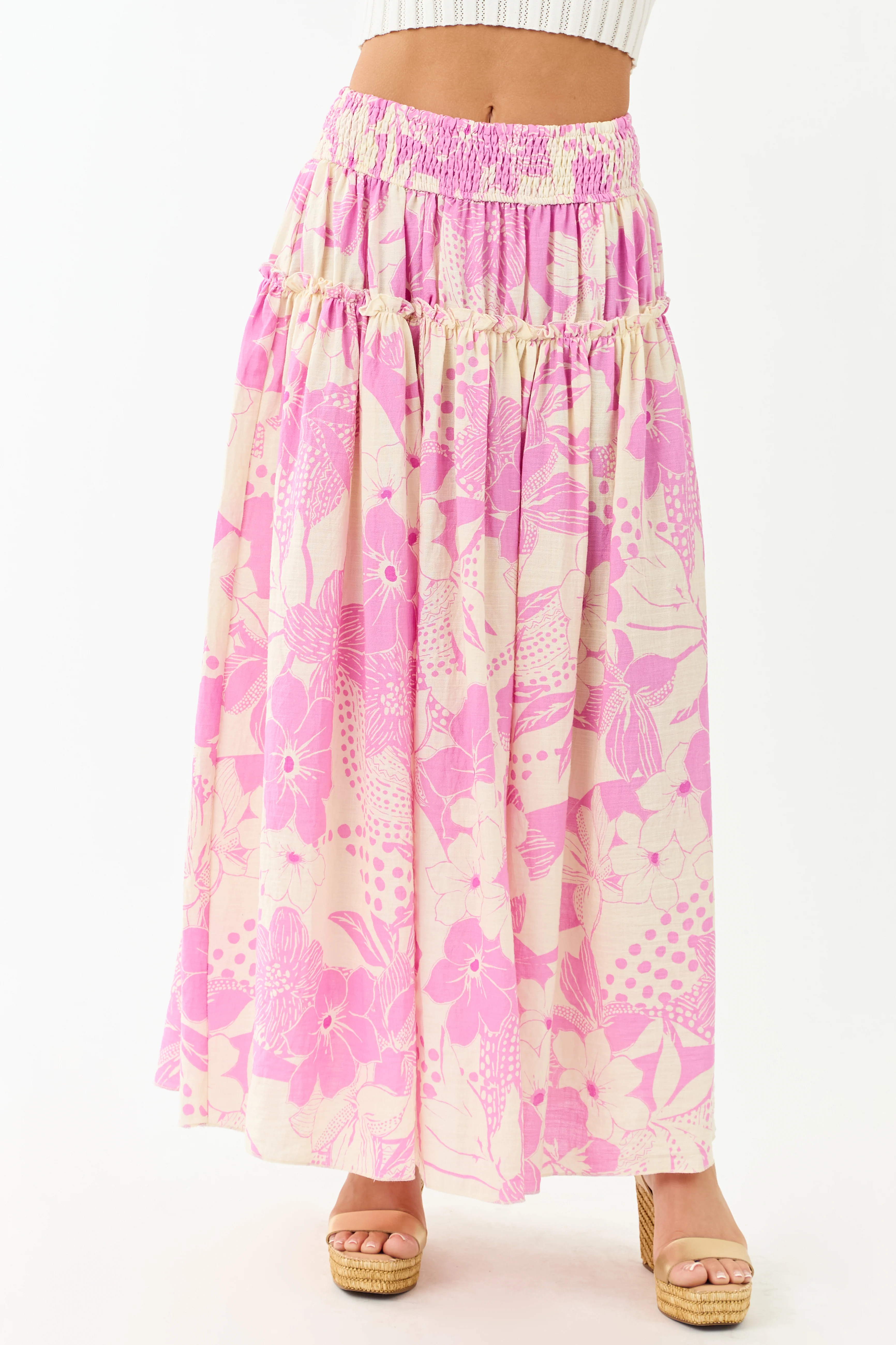 Cream and Mauve Vacation Print Smocked Maxi Skirt - Image 2