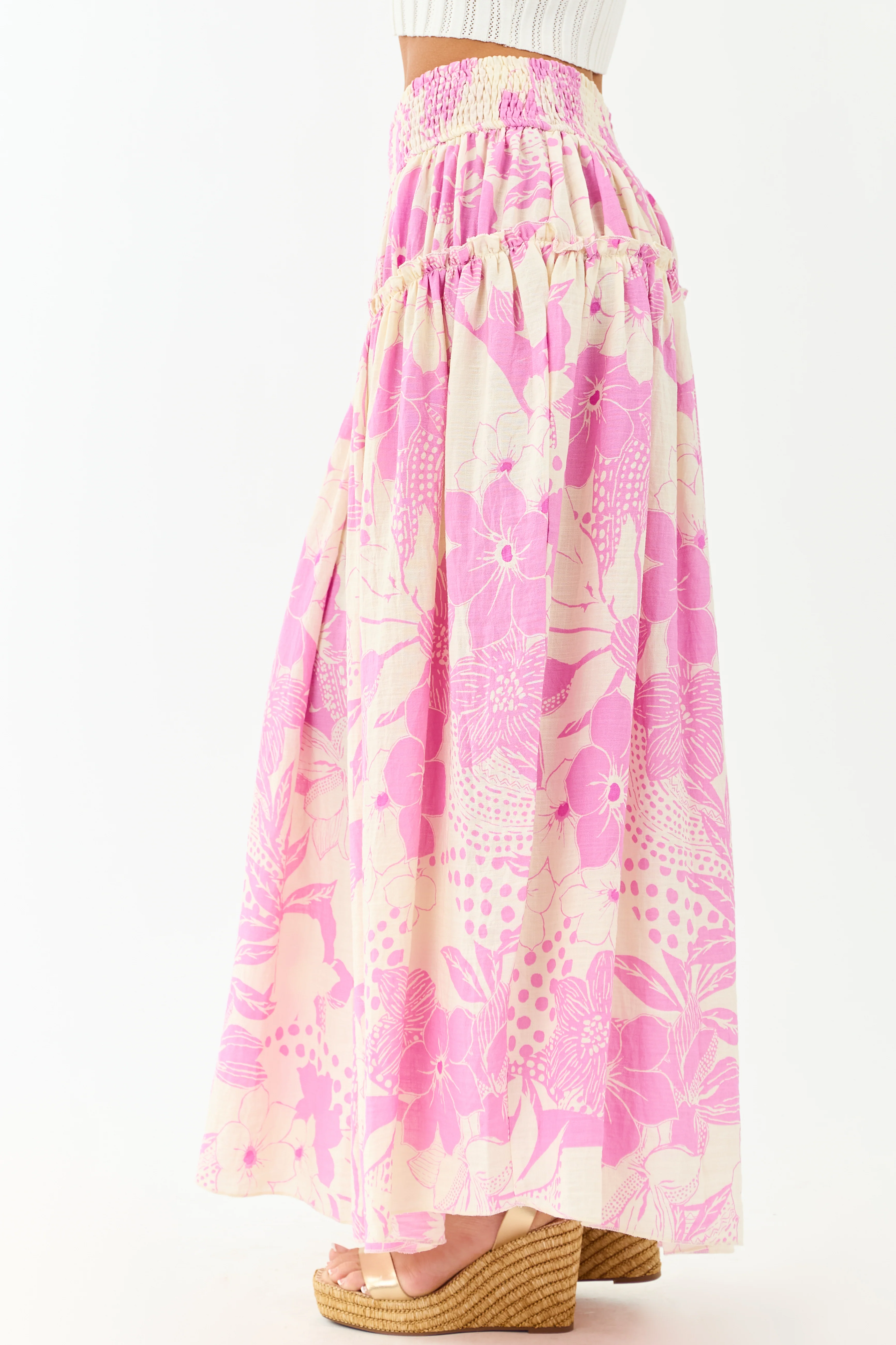 Cream and Mauve Vacation Print Smocked Maxi Skirt - Image 3