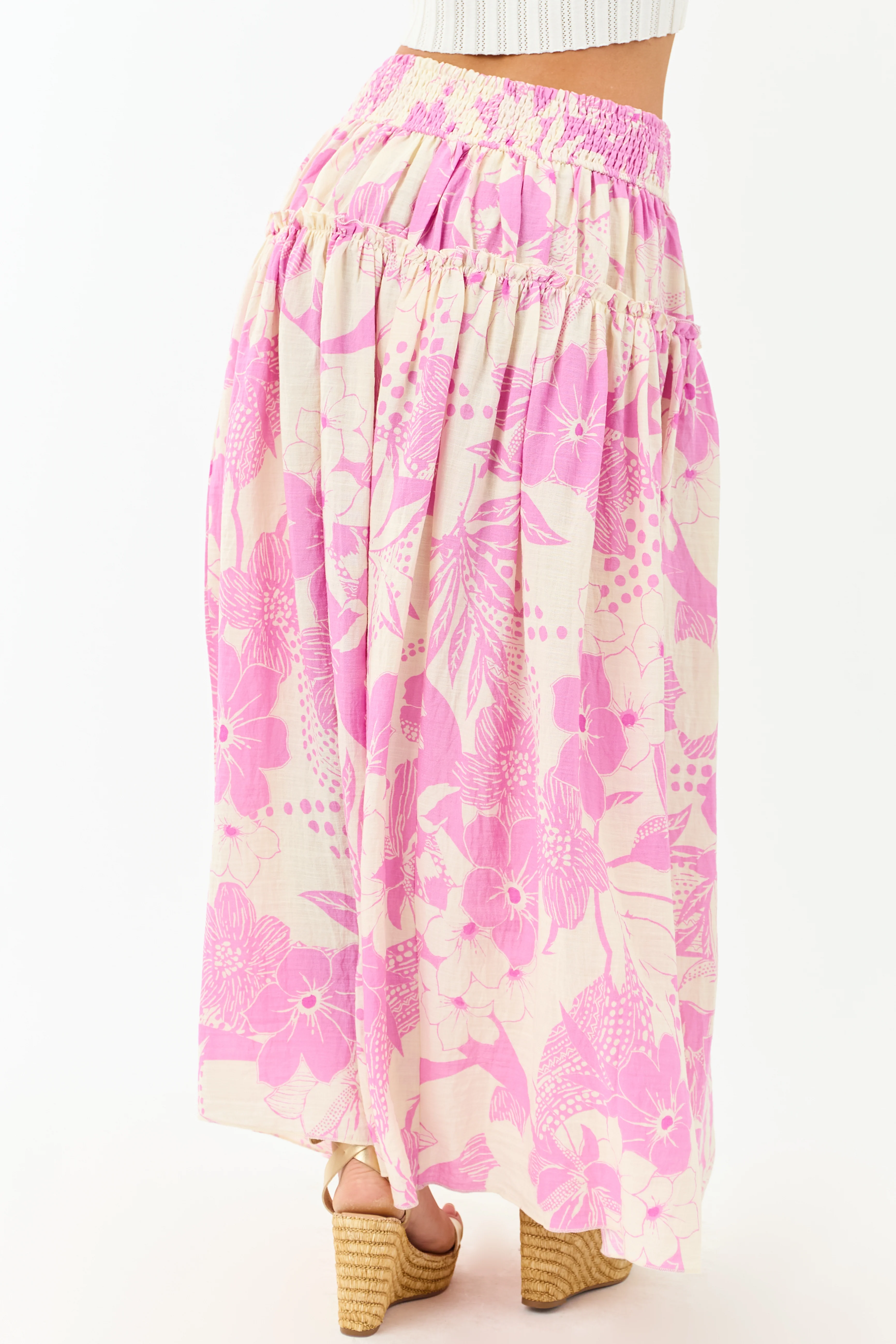 Cream and Mauve Vacation Print Smocked Maxi Skirt - Image 4