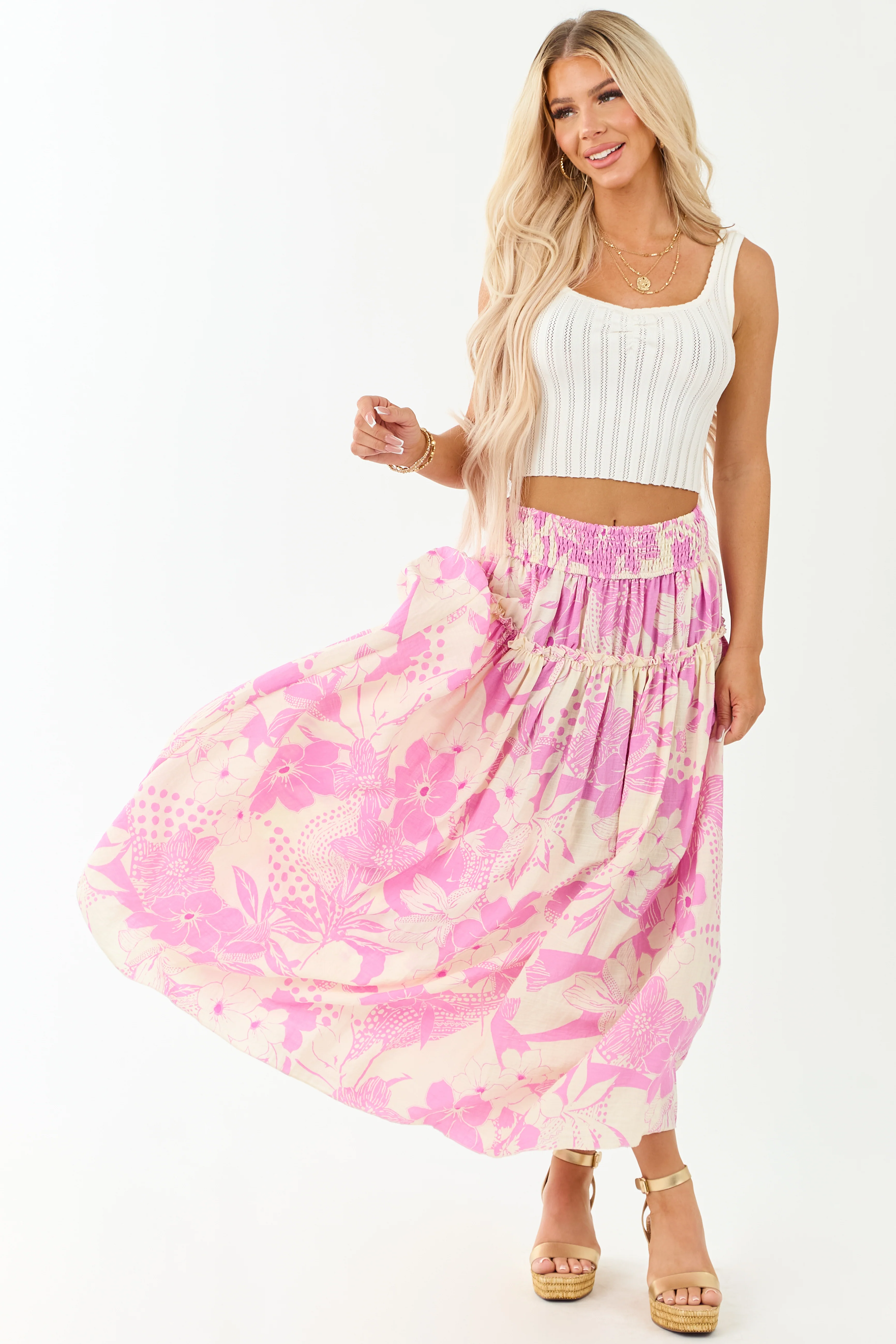 Cream and Mauve Vacation Print Smocked Maxi Skirt - Image 5