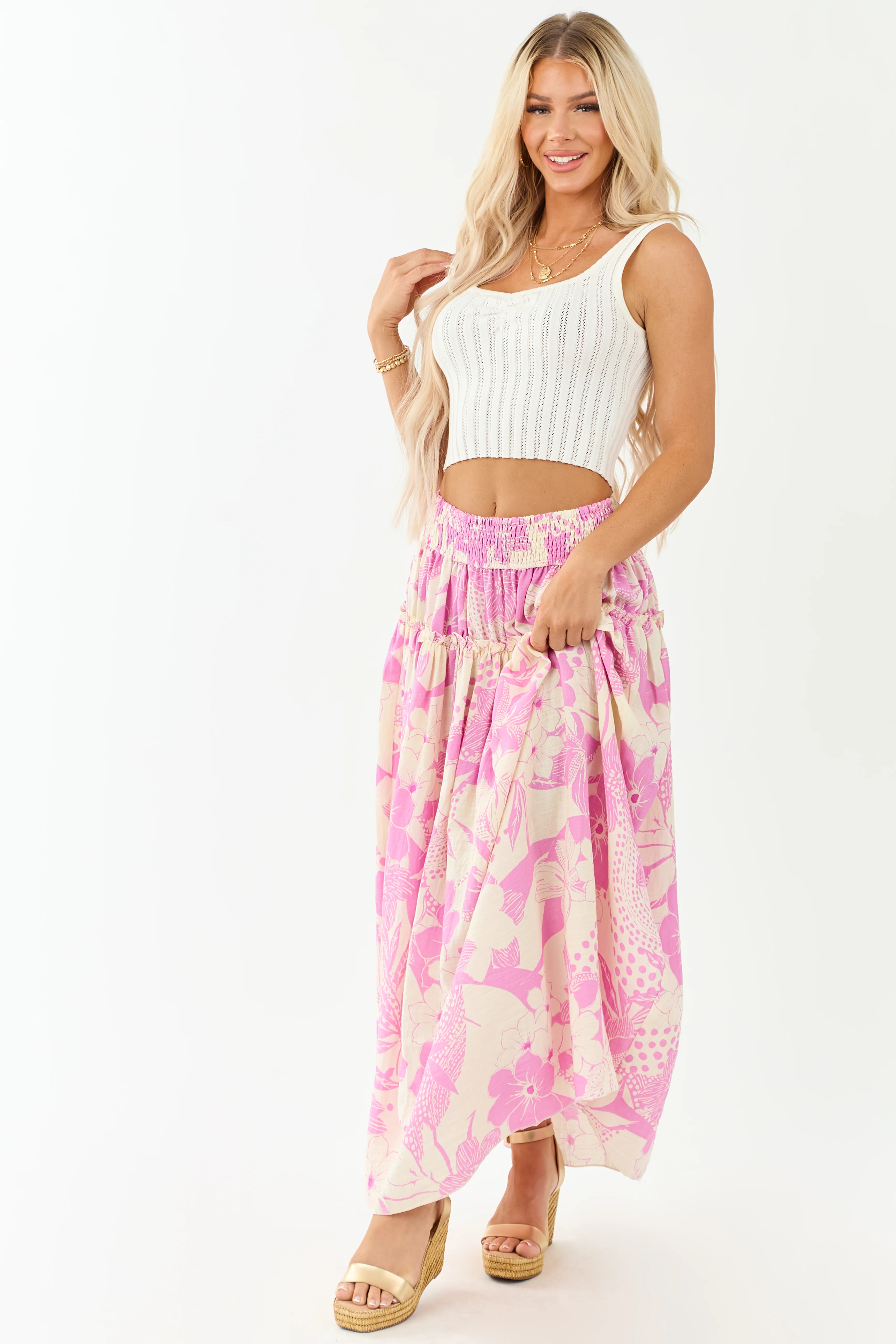 Cream and Mauve Vacation Print Smocked Maxi Skirt - Image 6