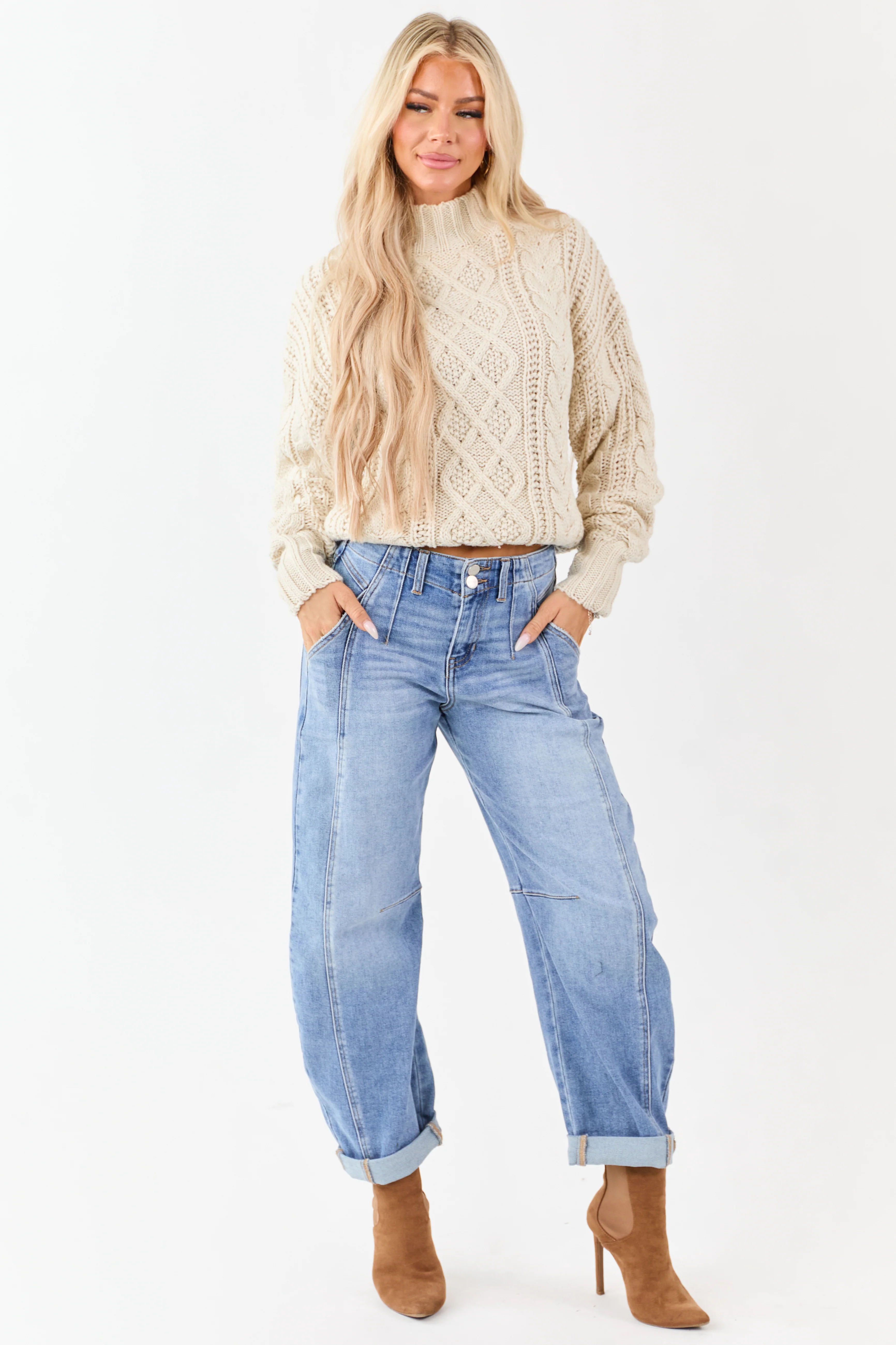 Cream Mock Neck Cable Knit Wool Blend Sweater - Image 4