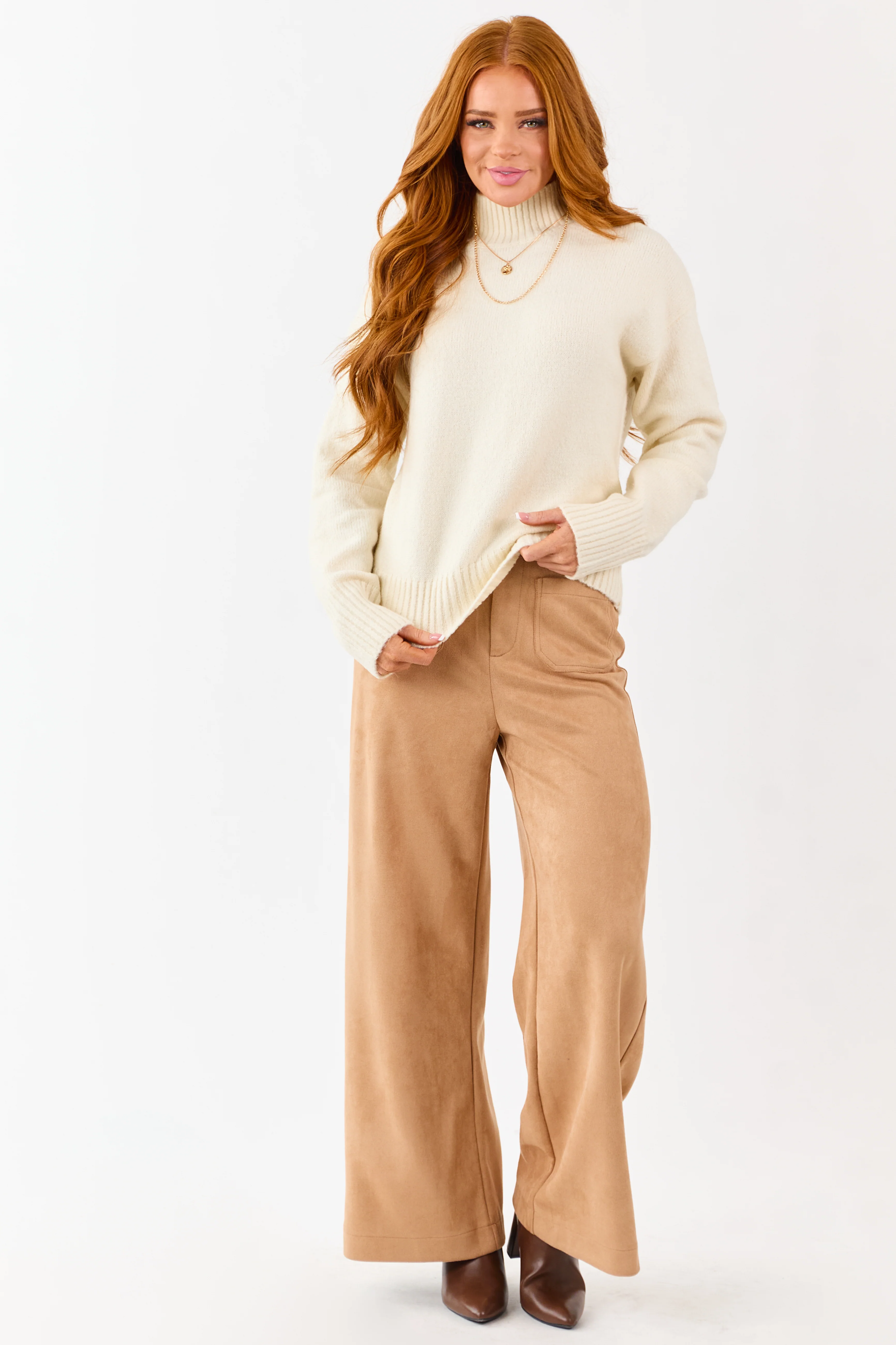 Cream Mock Neck Relaxed Ribbed Trim Sweater - Image 2