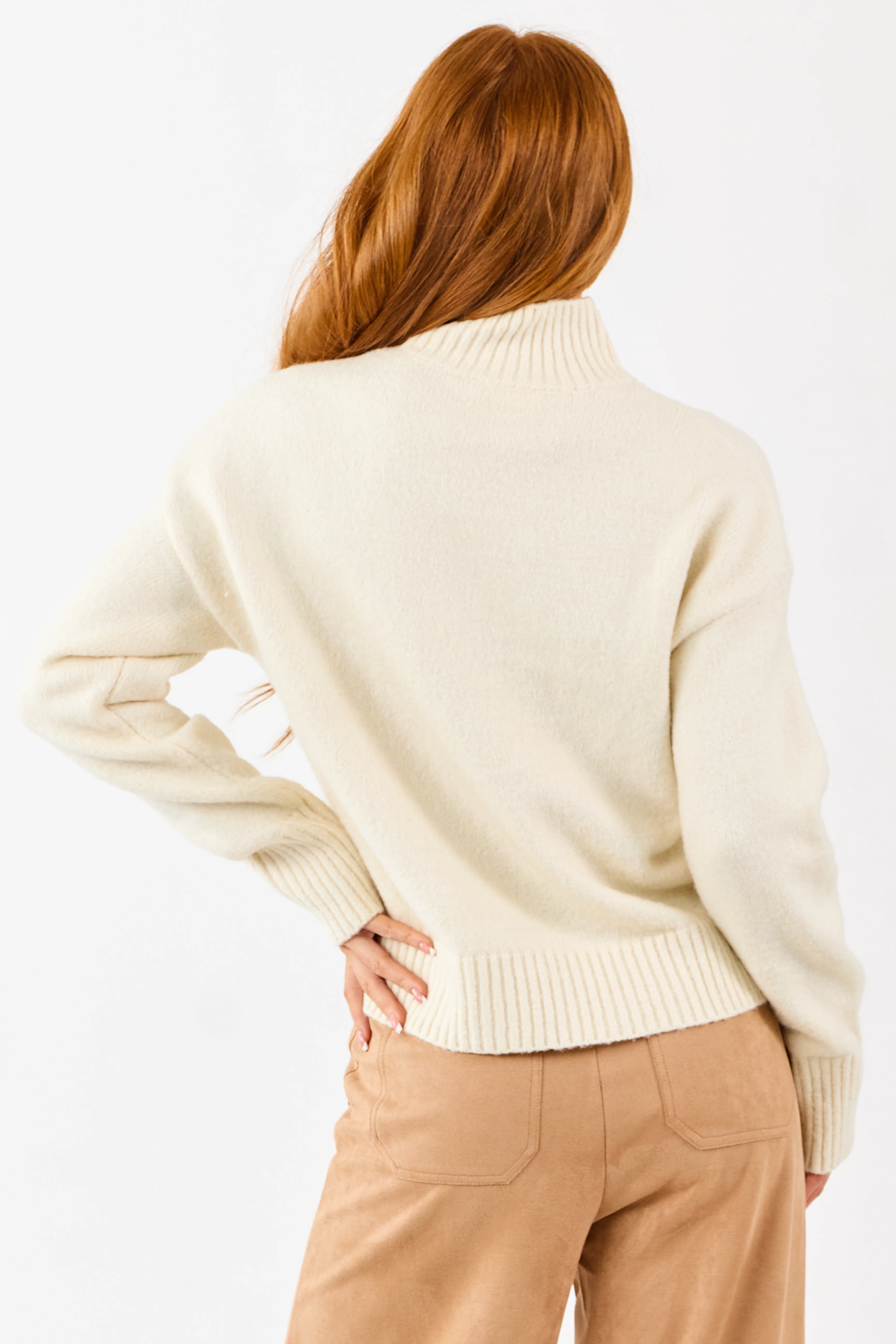 Cream Mock Neck Relaxed Ribbed Trim Sweater - Image 5