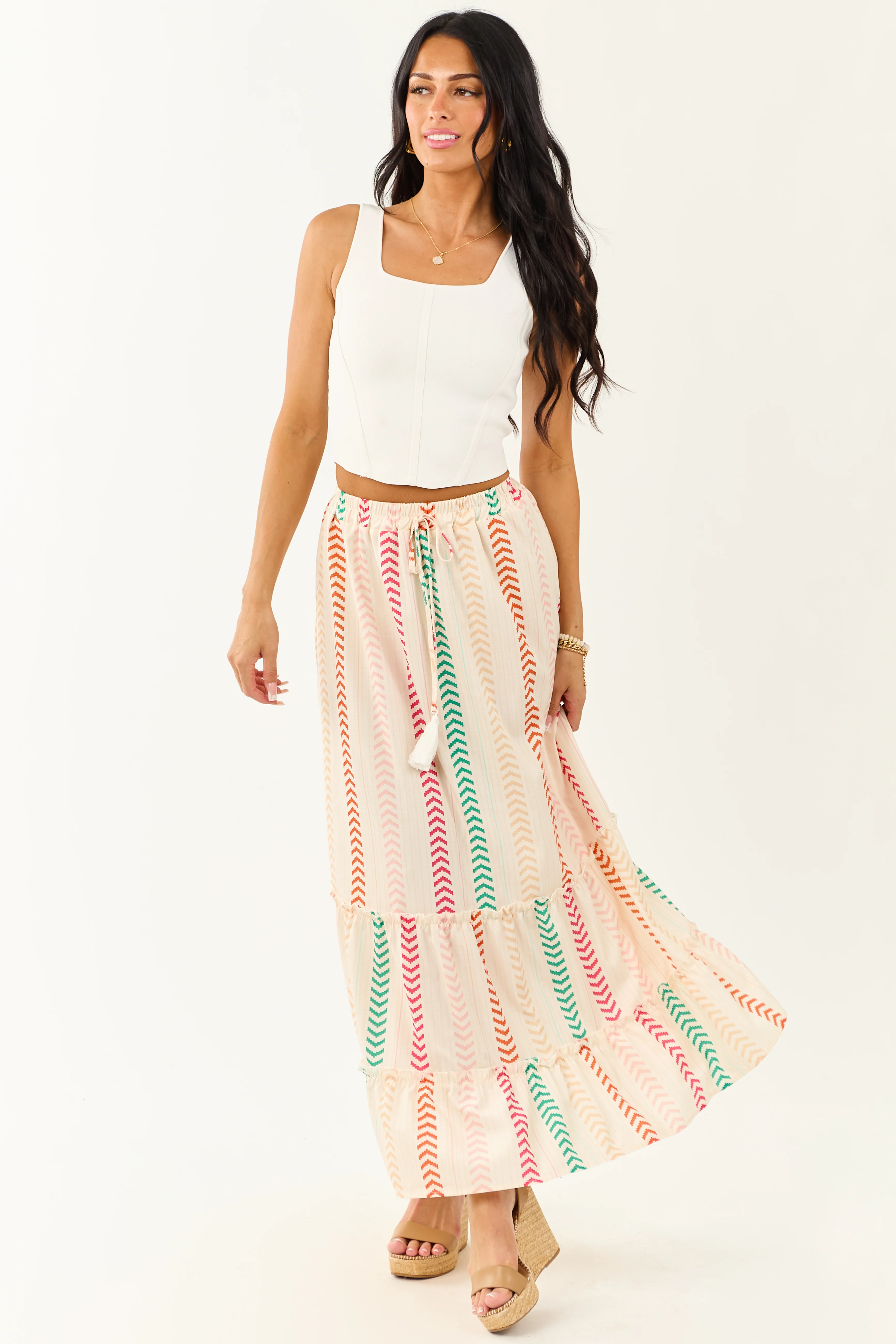 Cream Multicolor Chevron Stripe Maxi Skirt