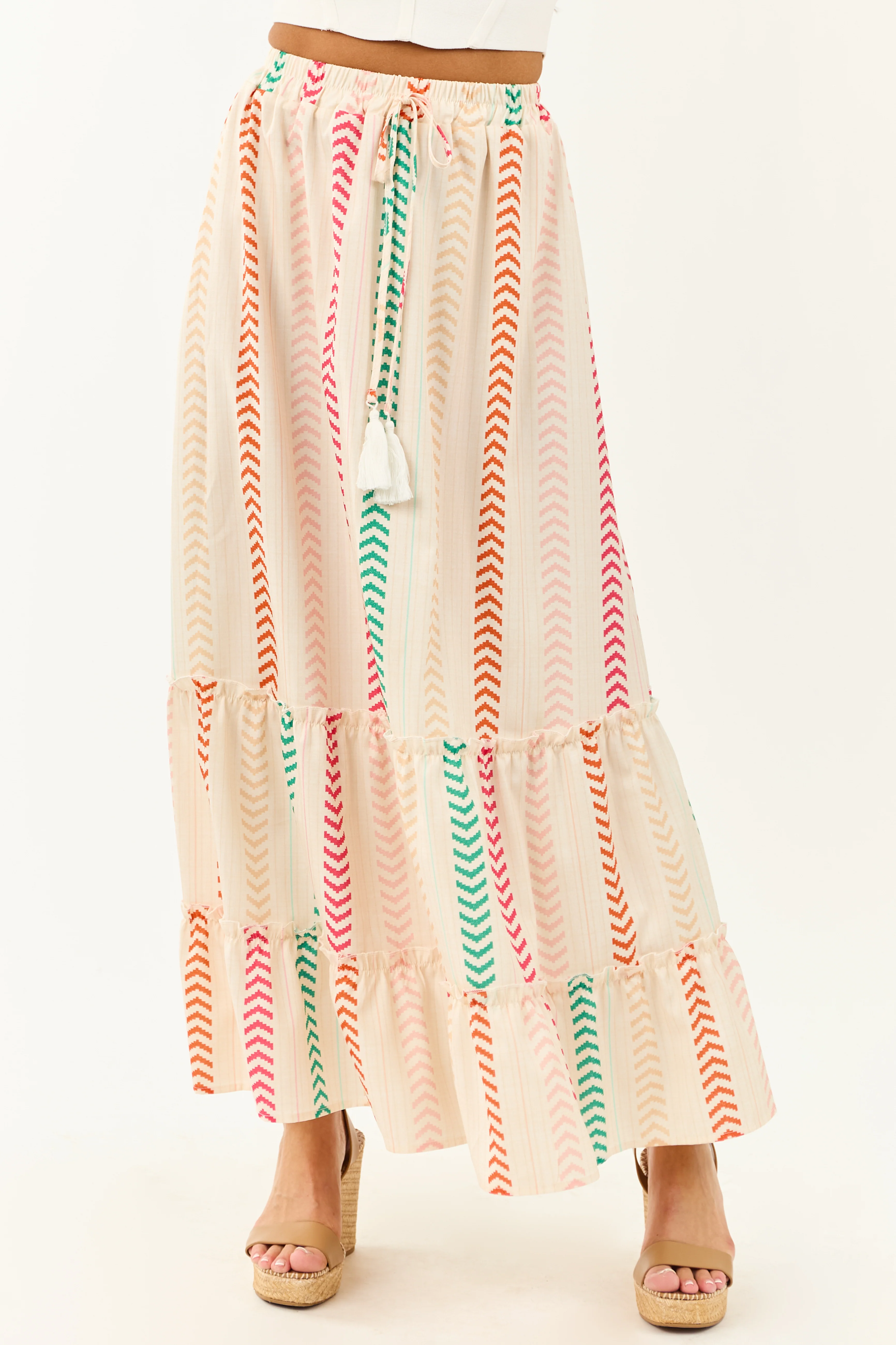 Cream Multicolor Chevron Stripe Maxi Skirt - Image 2