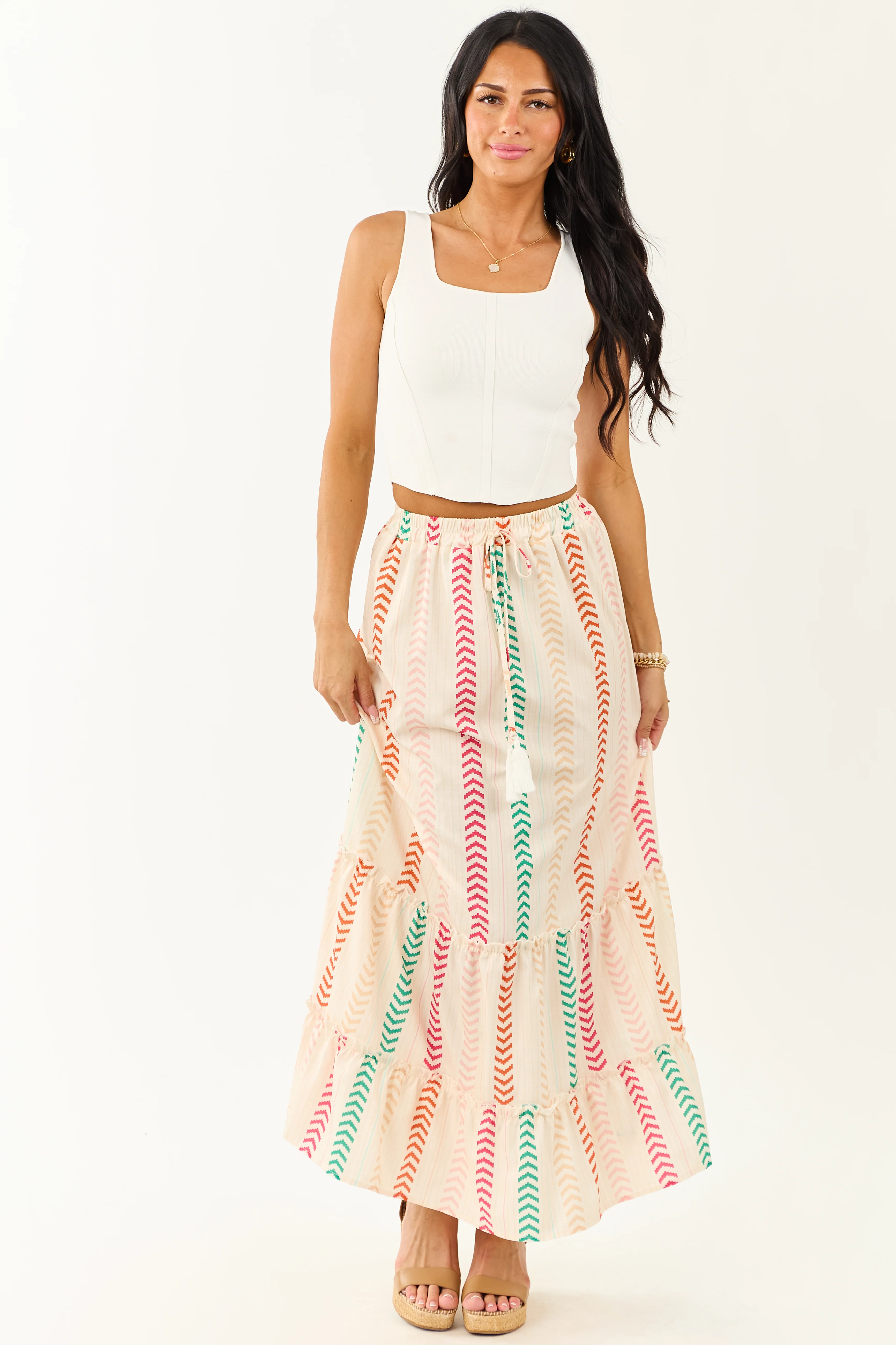 Cream Multicolor Chevron Stripe Maxi Skirt - Image 5