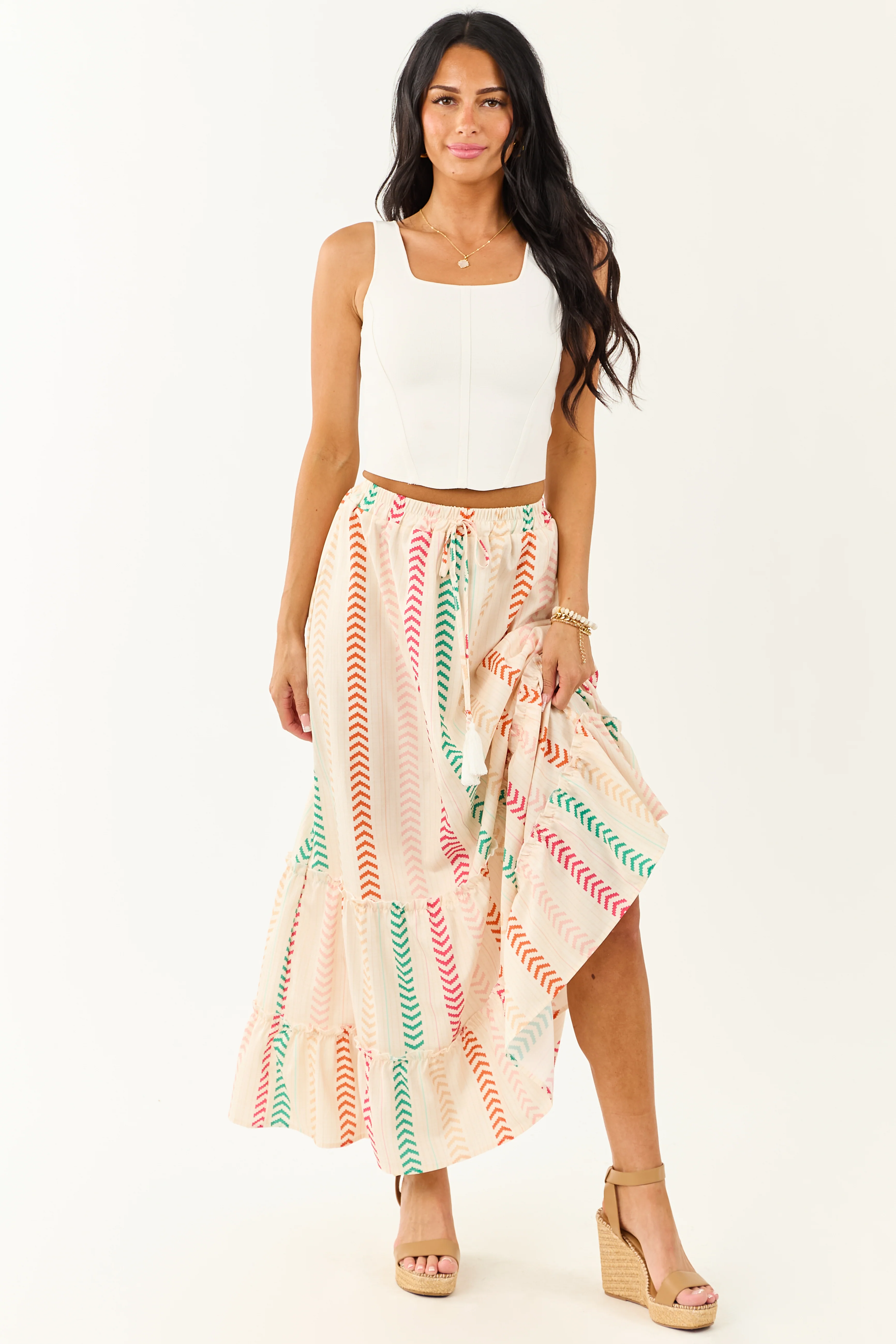 Cream Multicolor Chevron Stripe Maxi Skirt - Image 6