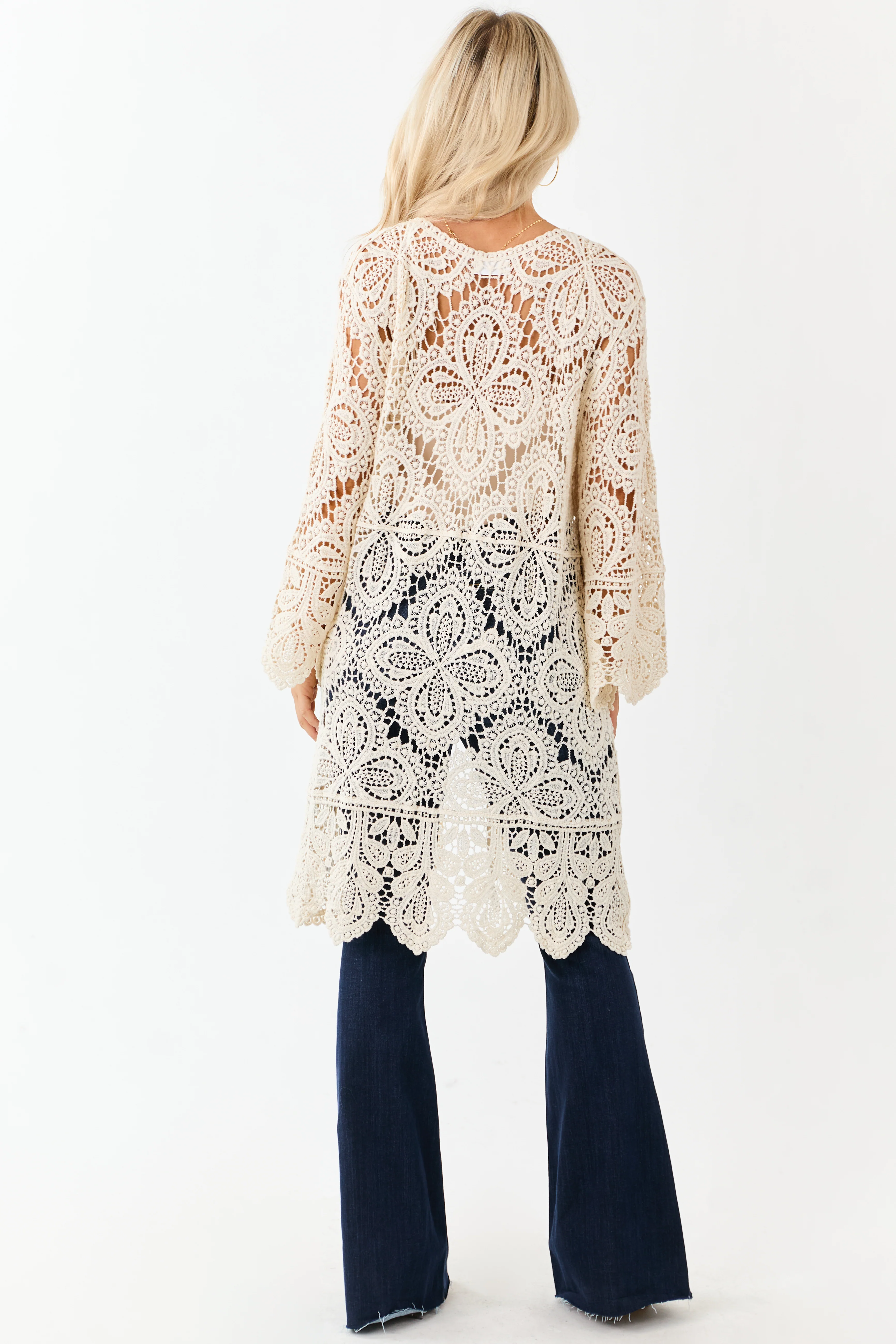 Cream Open Crochet Bell Sleeve Cotton Duster Cardigan - Image 6