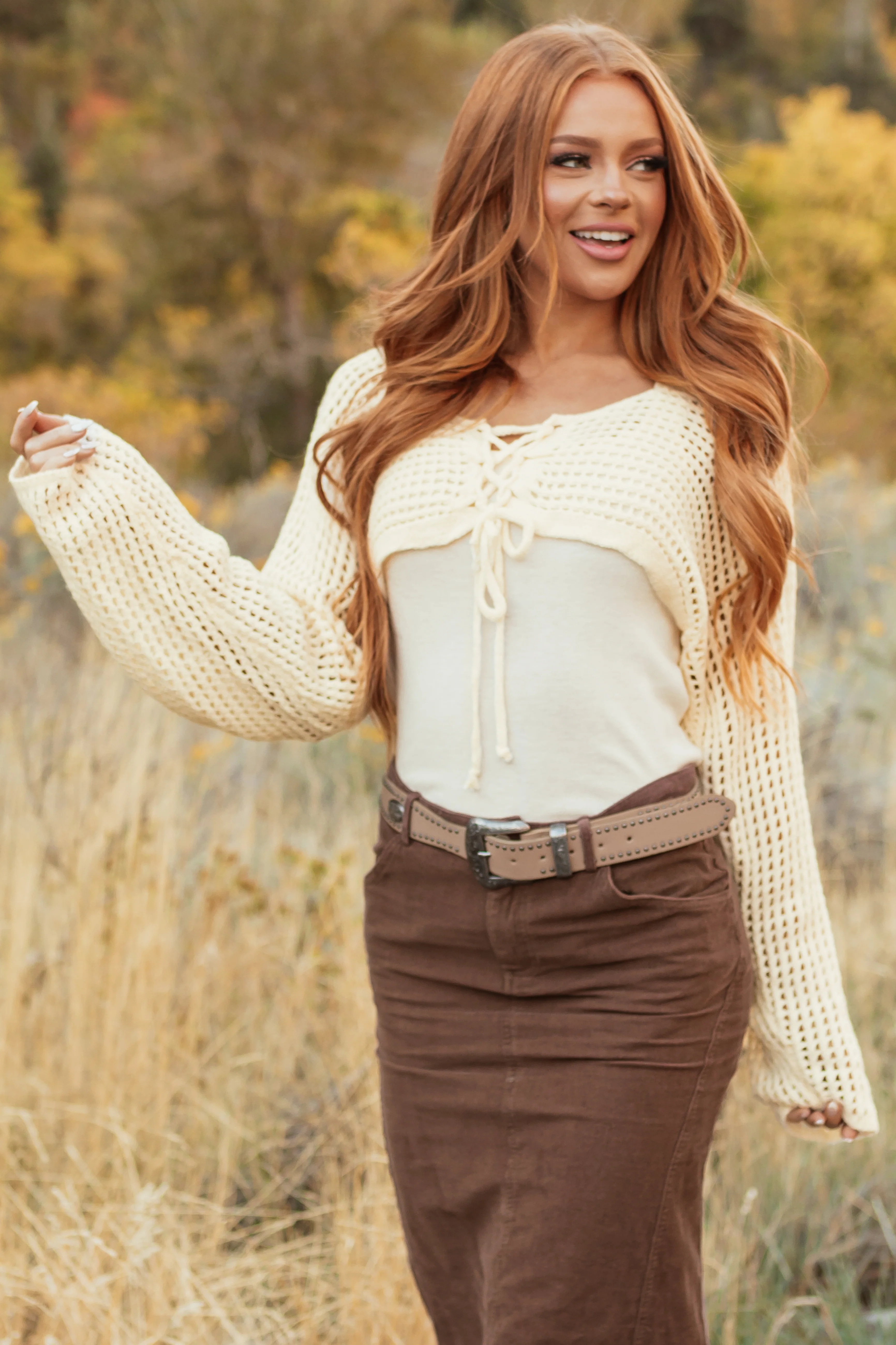 Cream Open Crochet Cropped Cardigan with Tank Top - Image 2