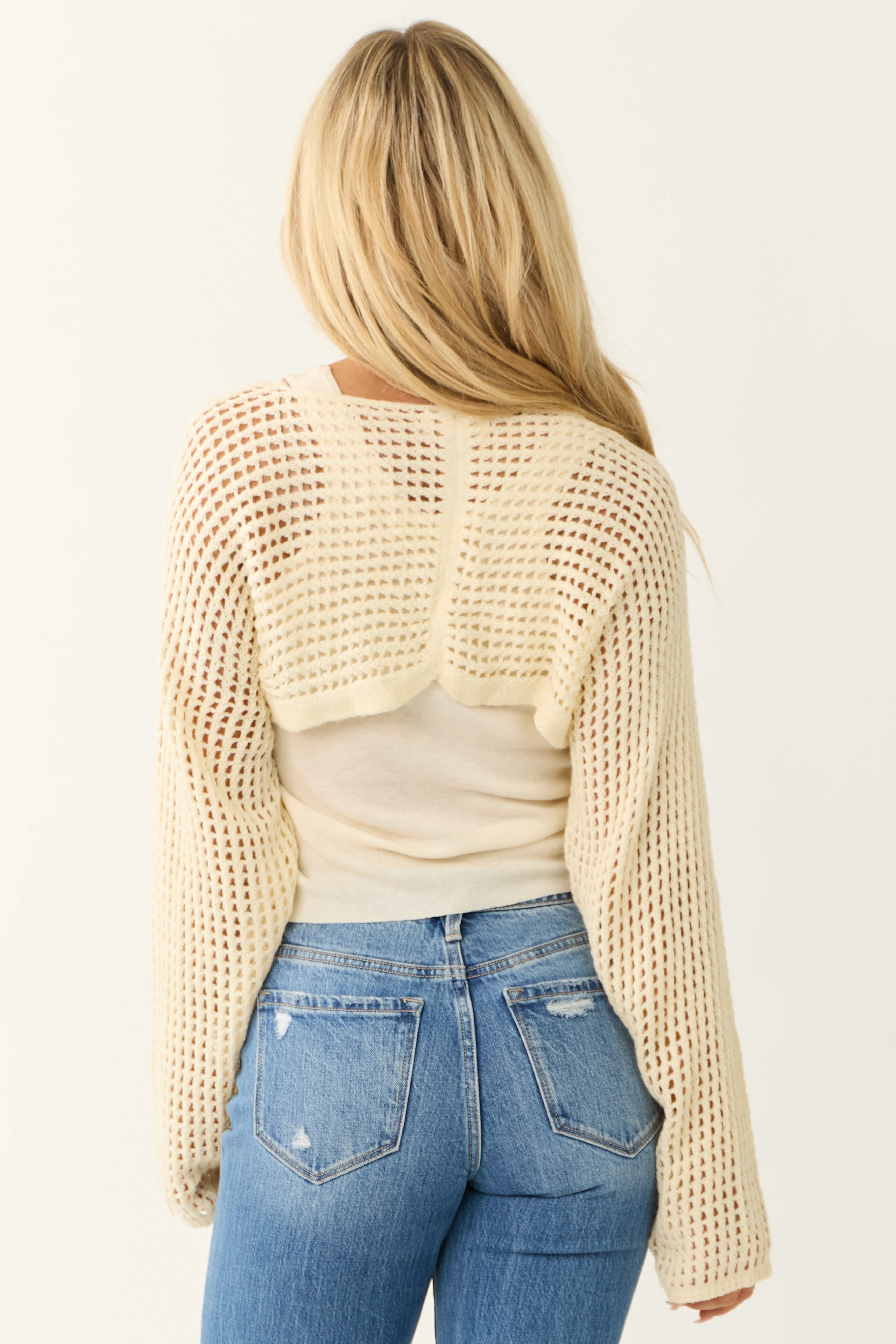 Cream Open Crochet Cropped Cardigan with Tank Top - Image 7