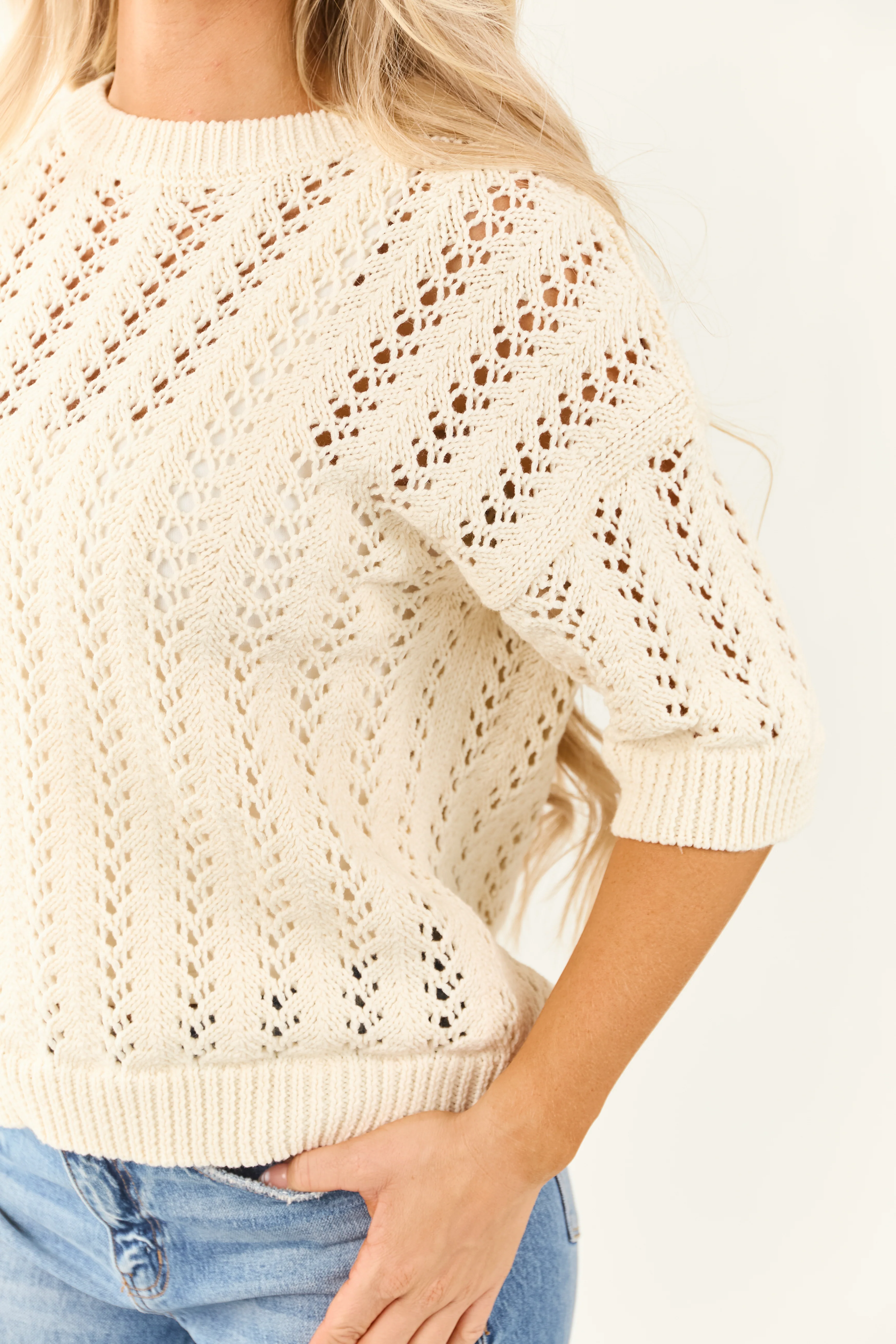Cream Open Crochet Knit Half Sleeve Sweater Top - Image 7