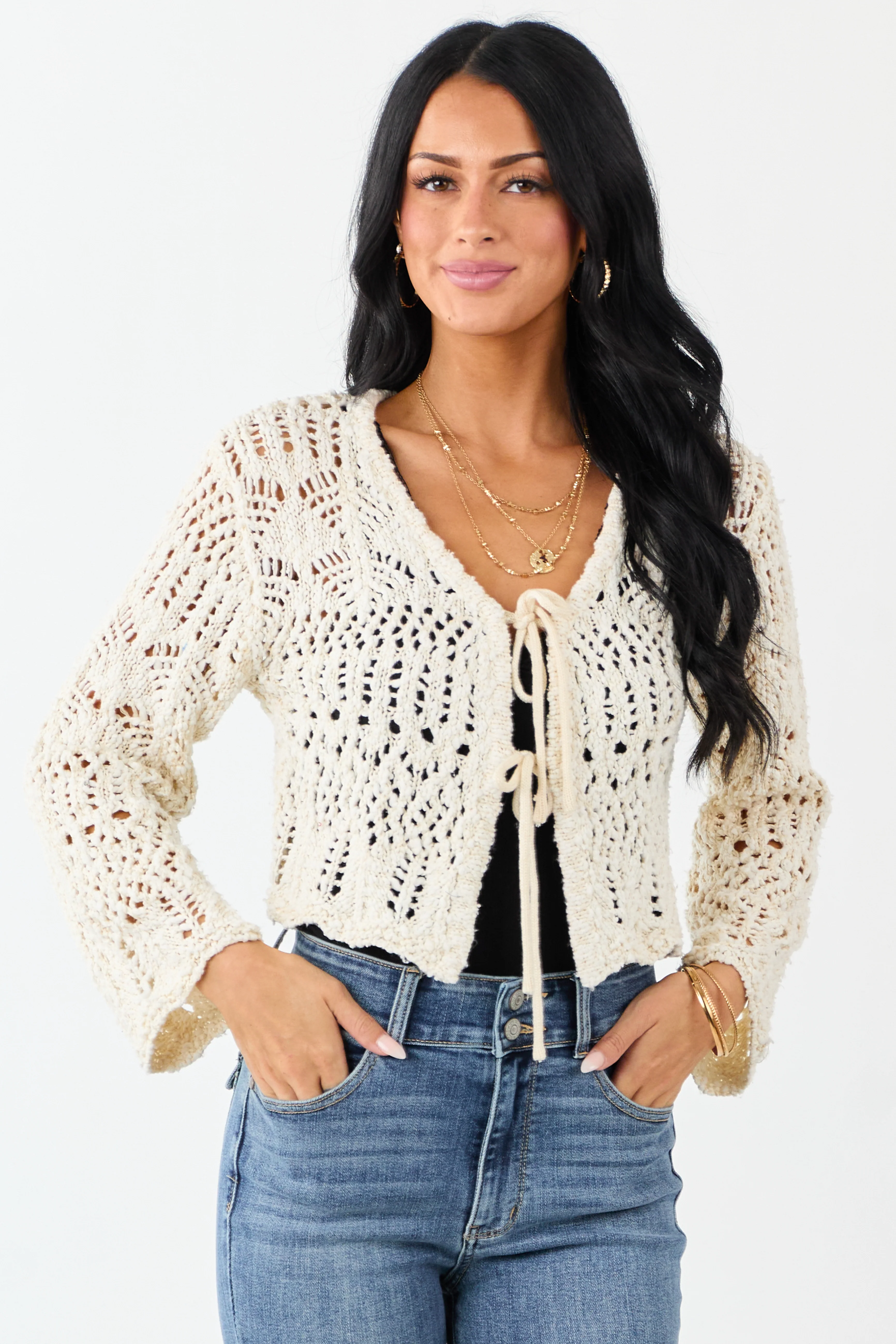 Cream Open Knit Two Tie Long Sleeve Cardigan