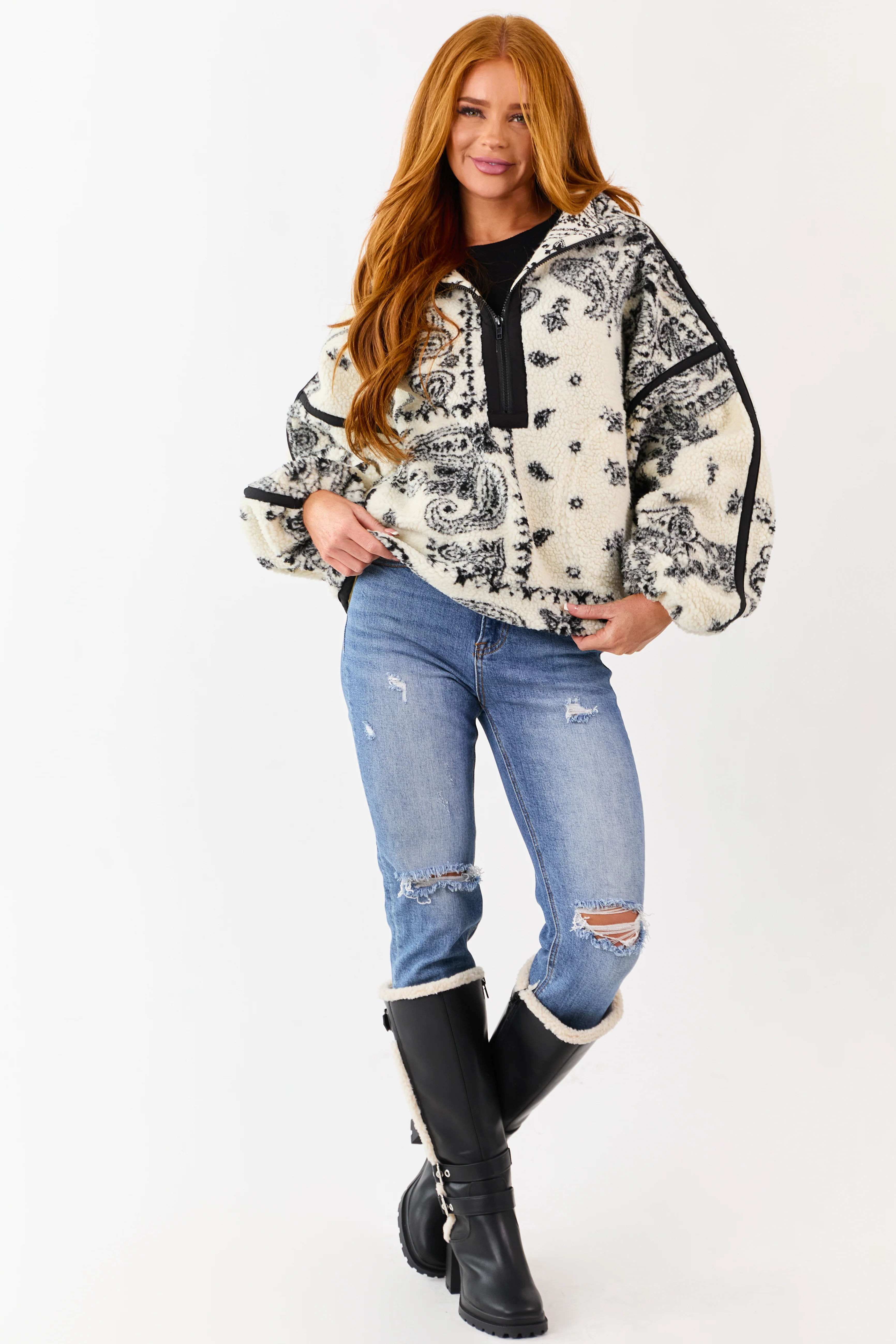 Cream Paisley Half Zip Up Sherpa Pullover Jacket - Image 2
