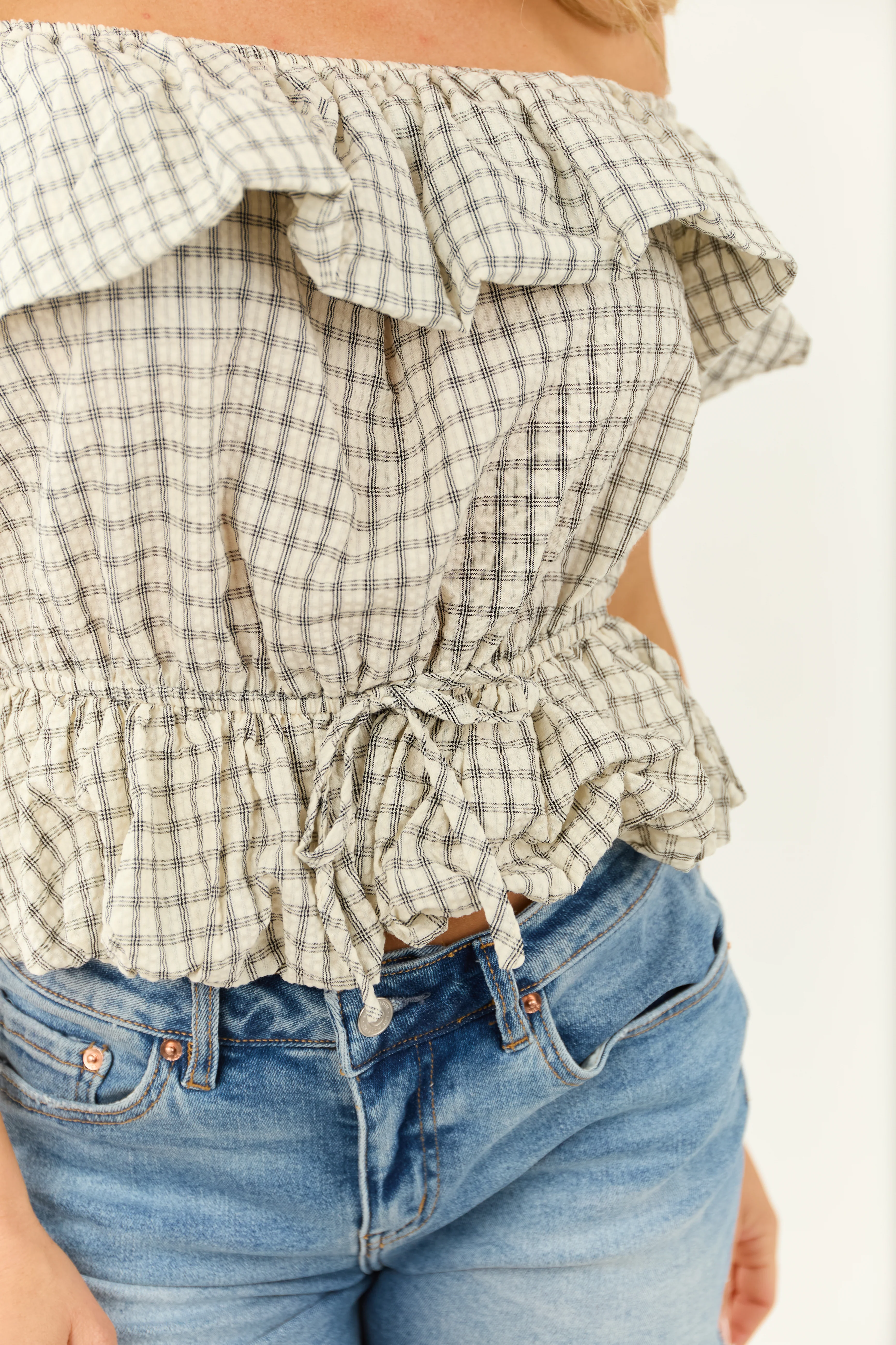 Cream Plaid Off Shoulder Peplum Bubble Hem Top - Image 7