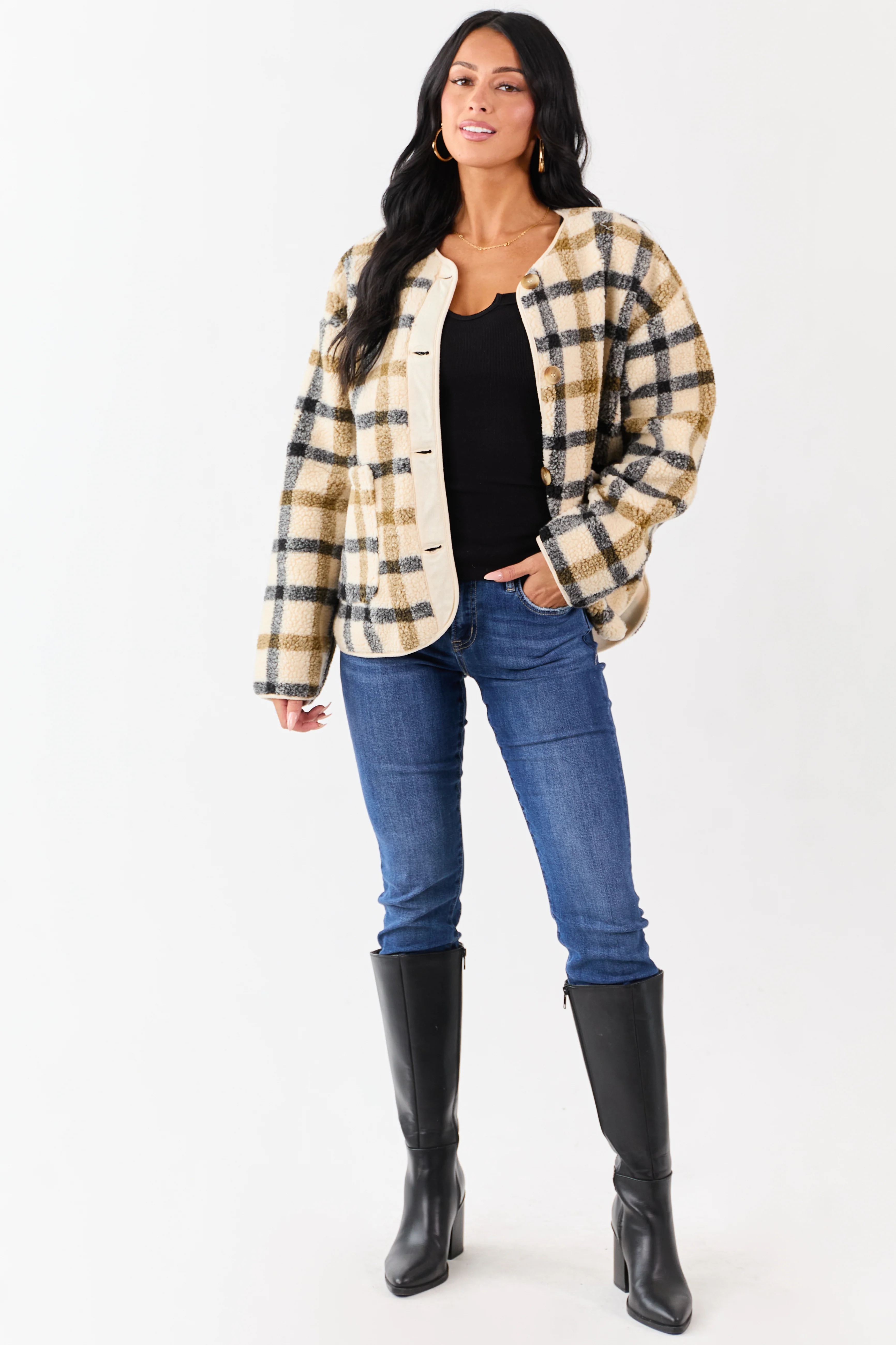 Cream Plaid Sherpa Button Down Teddy Jacket - Image 2