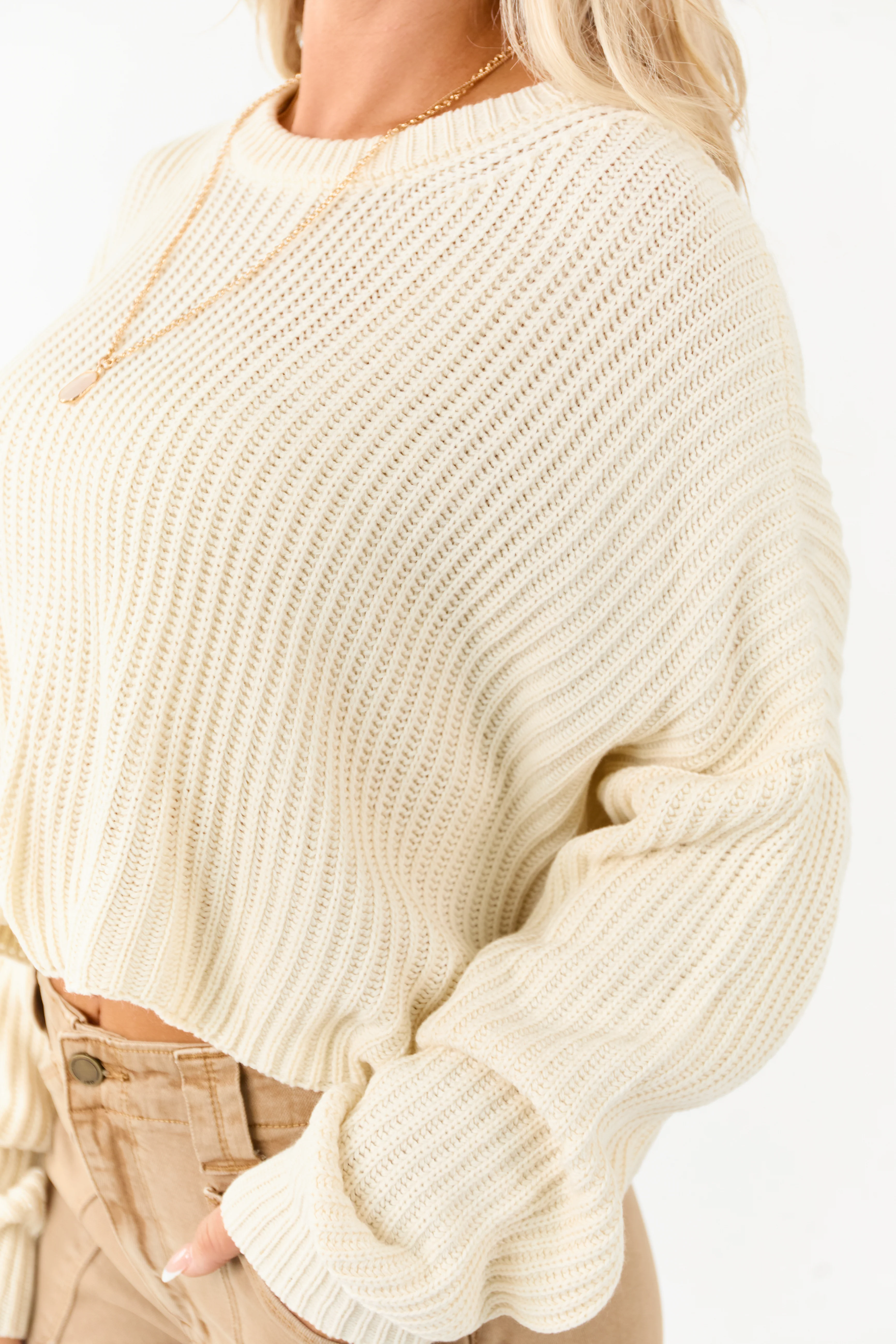 Cream Relaxed Rib Knit Crew Neck Cropped Sweater - Image 7