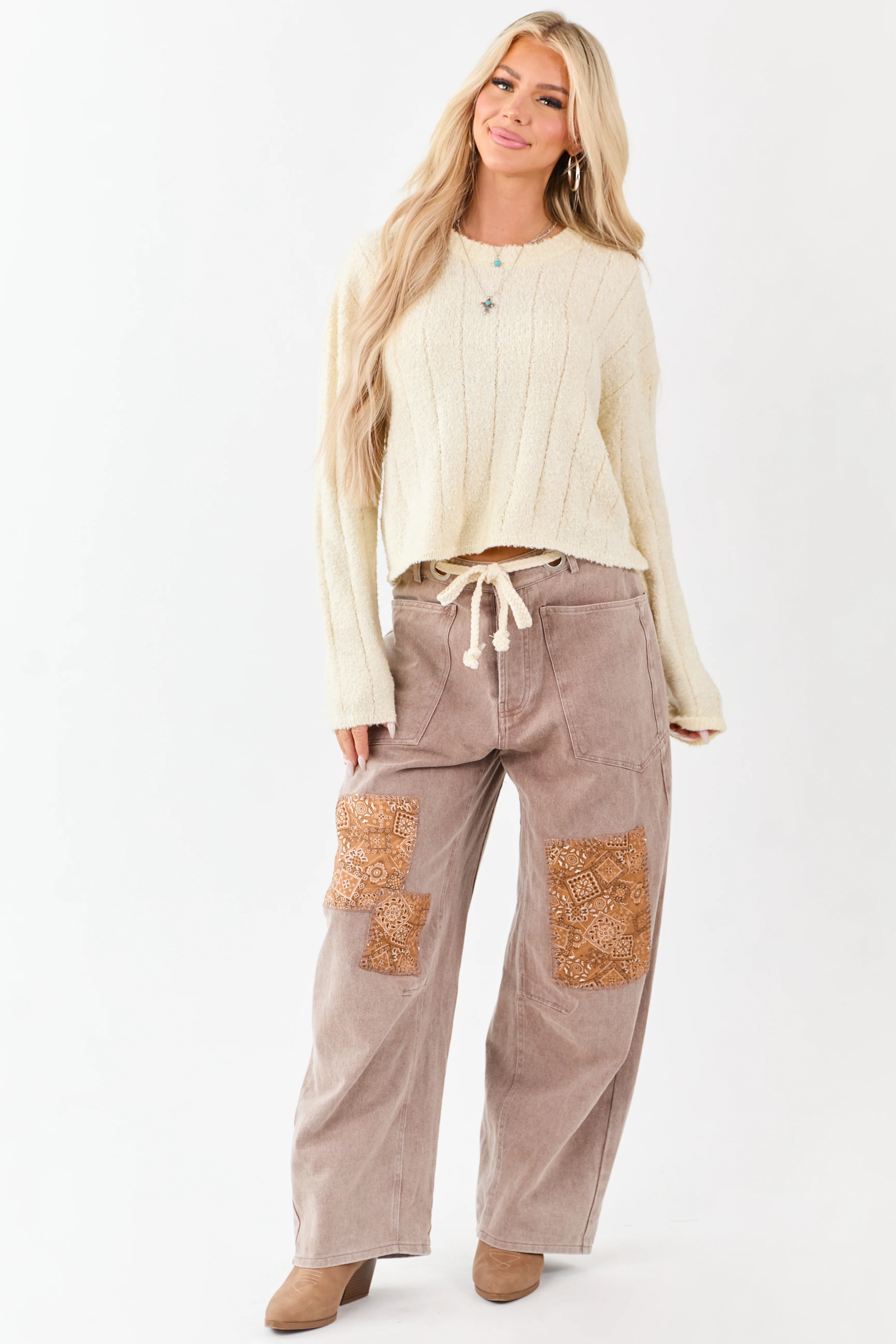 Cream Rib Texture Crew Neck Pullover Sweater - Image 2