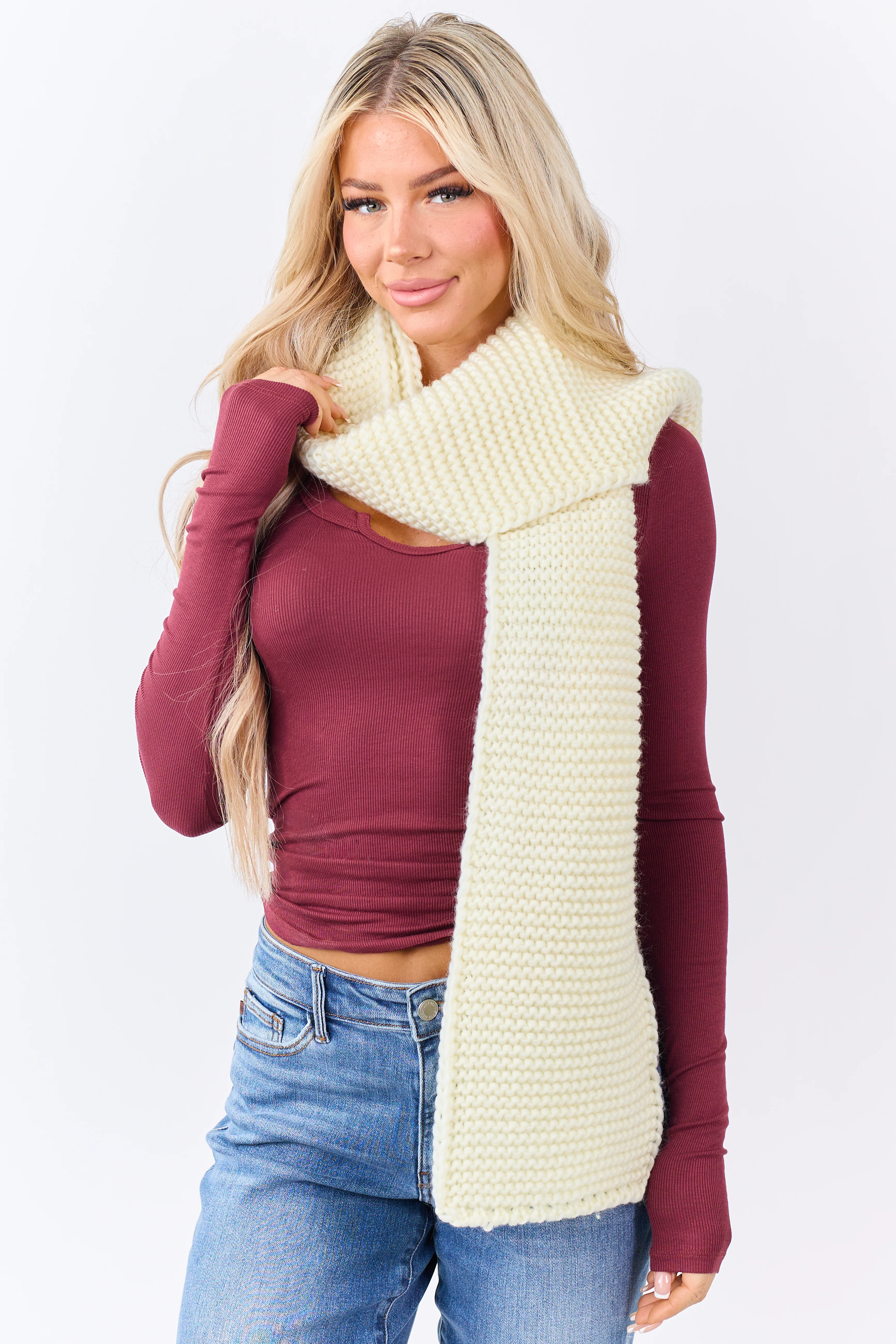 Cream Ribbed Chunky Knit Scarf - Image 2