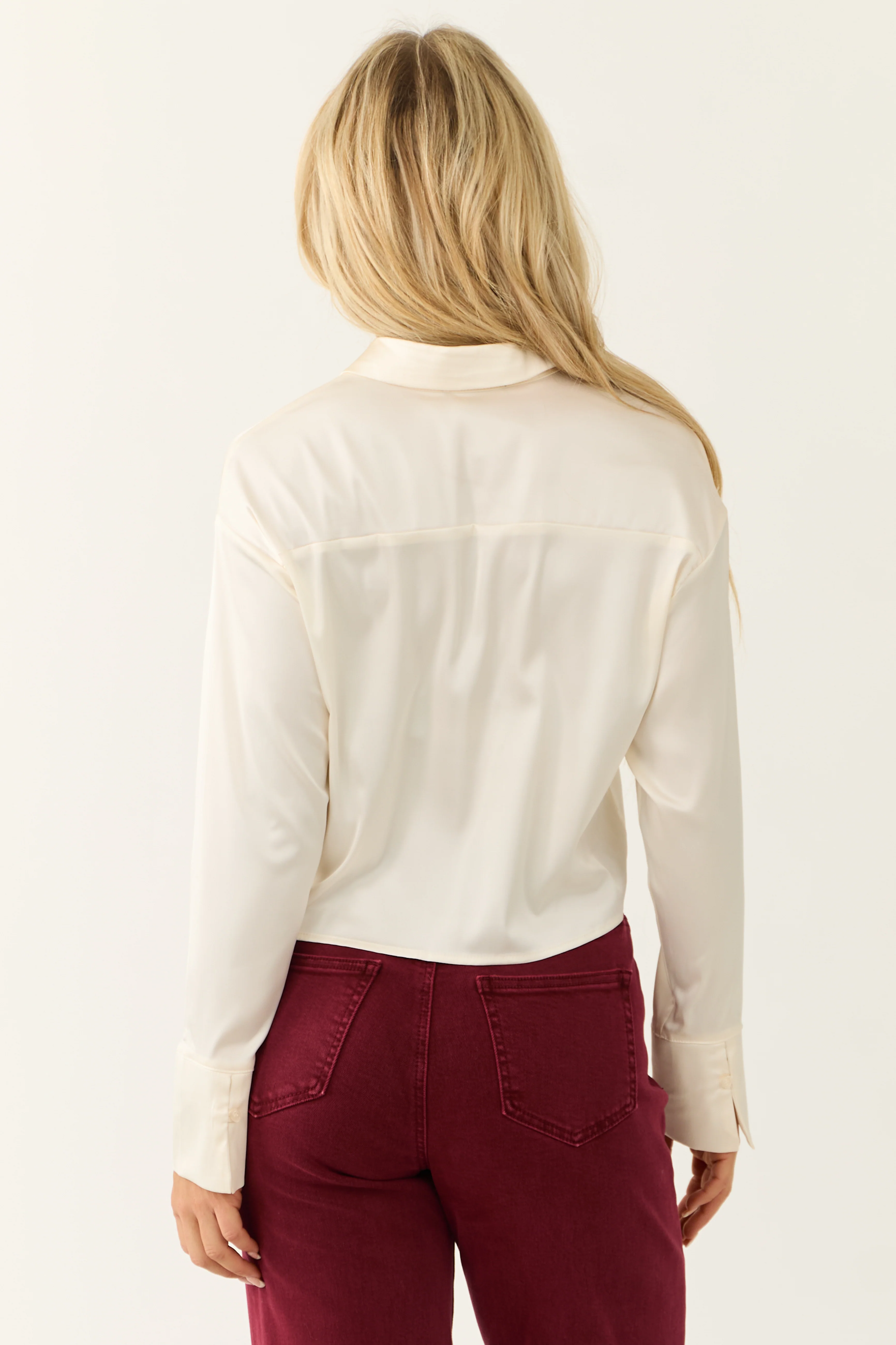 Cream Satin Long Sleeve Button Down Top - Image 6