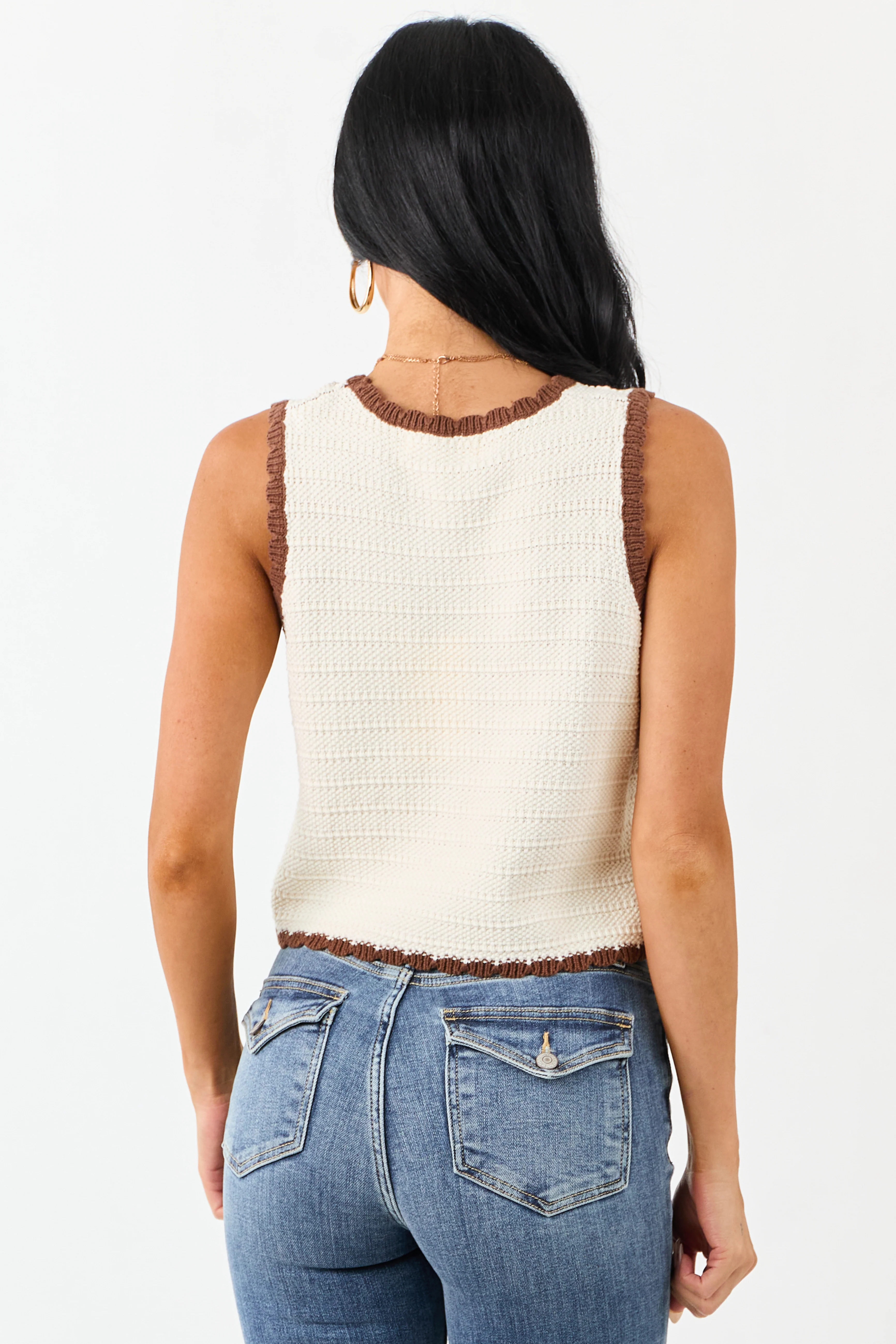 Cream Scalloped Contrast Trim Cotton Knit Tank Top - Image 6
